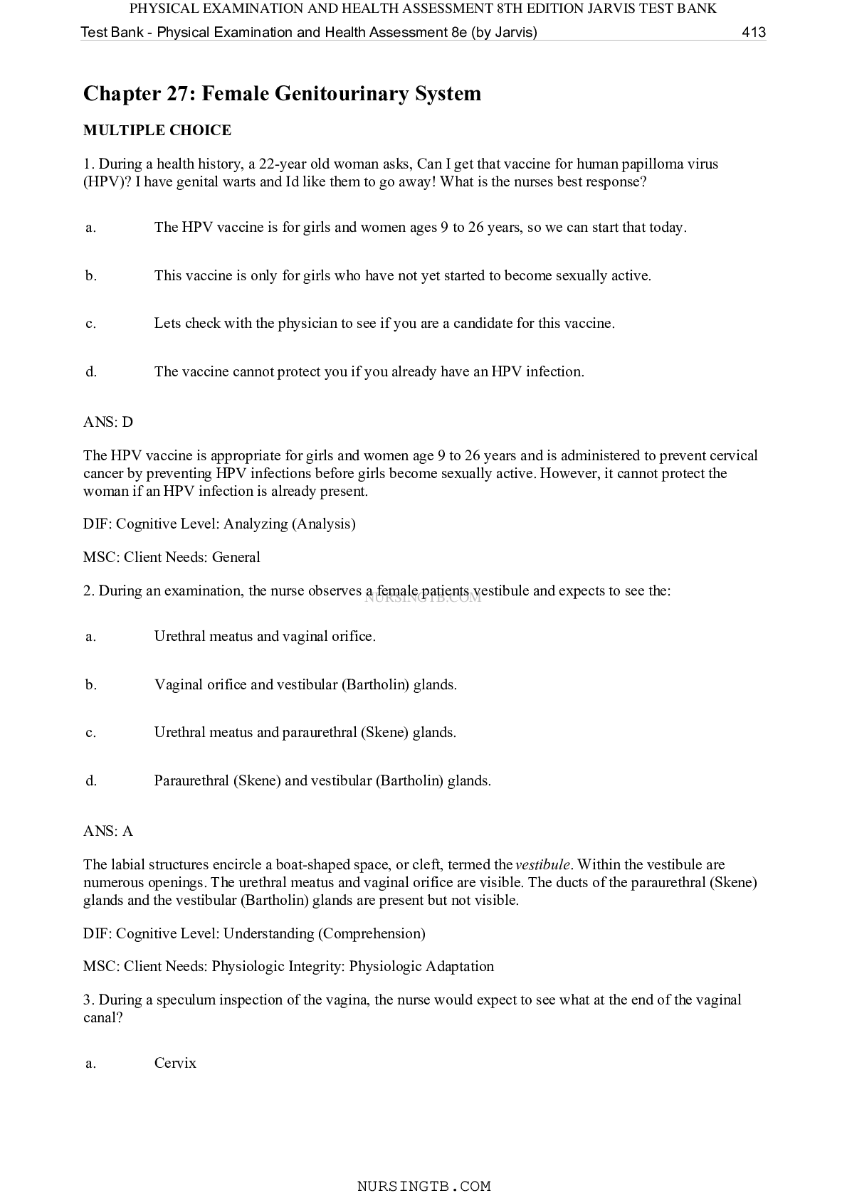 Preview image for NURS 344 Test Bank - Physical Examination and Health Assessment 8e (by Jarvis)/Chapter 27: Female Genitourinary System