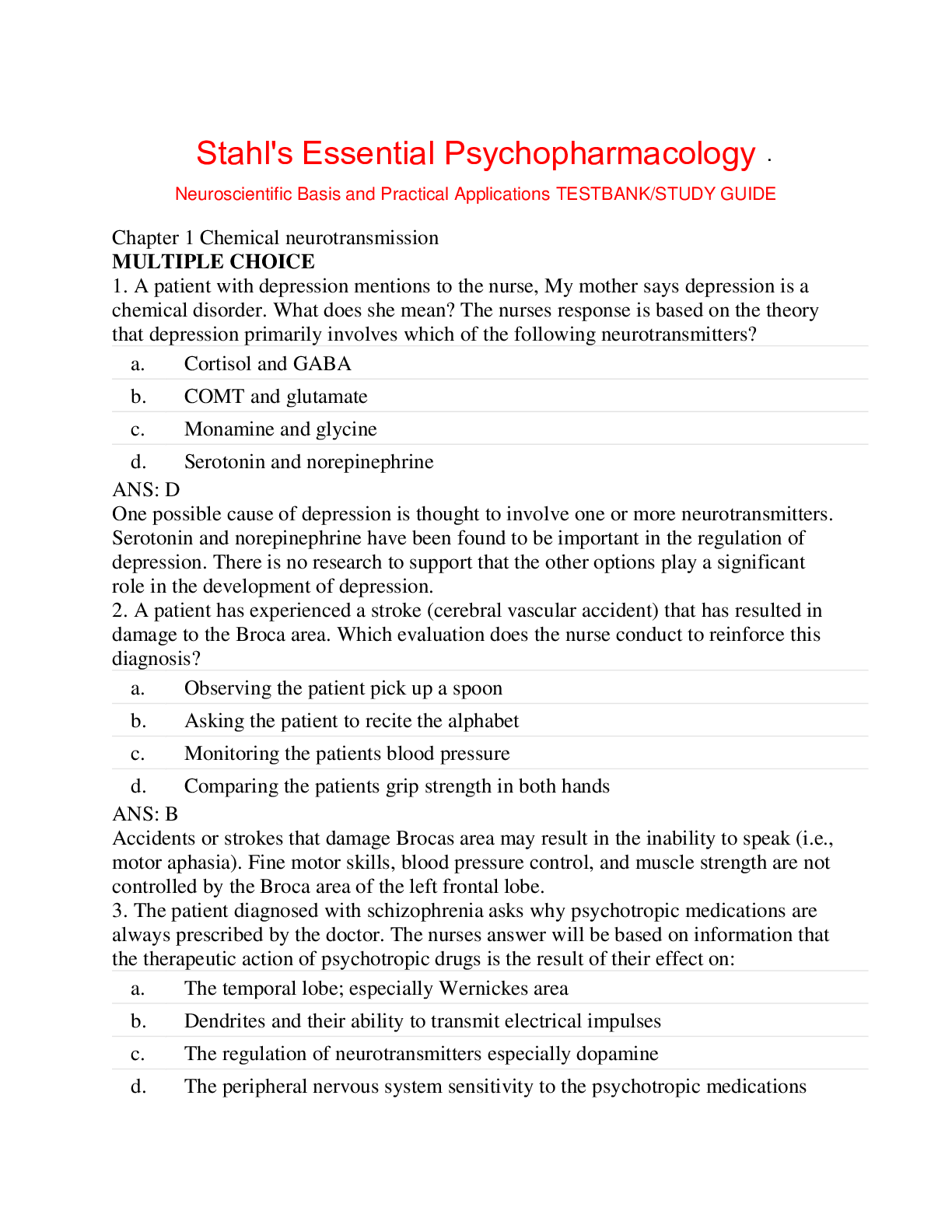 Preview image for Test Bank Stahls Essential Psychopharmacology:Neuroscientific Basis & Practical Applications 4th 'e