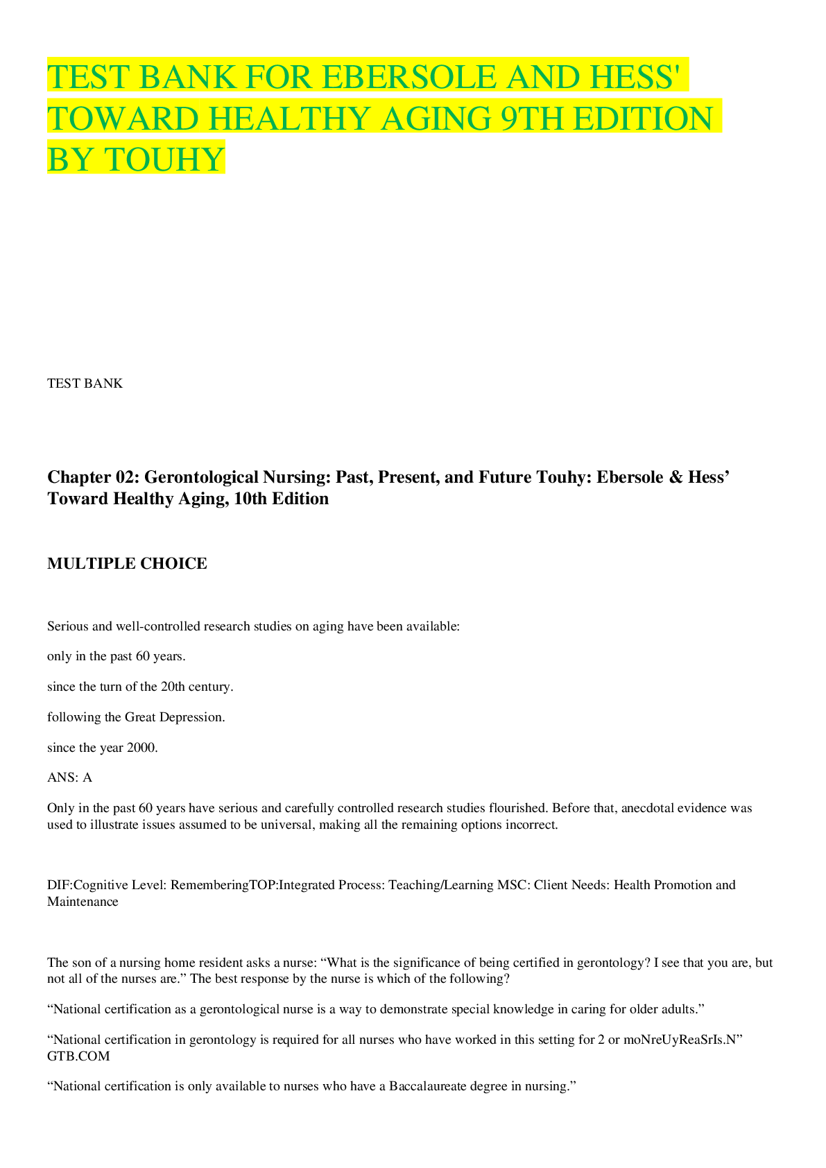 Preview image for TEST BANK FOR EBERSOLE AND HESS' TOWARD HEALTHY AGING 9TH EDITION BY TOUHY