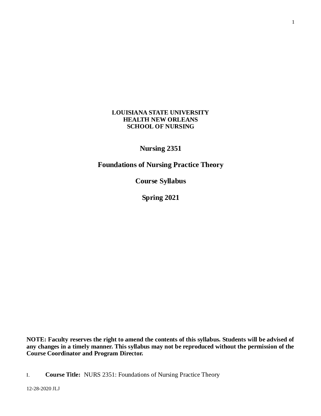 Preview image for NURS 2351 Foundation of Nursing Practice - TRAD 2351 Syllabus Spring 2021.