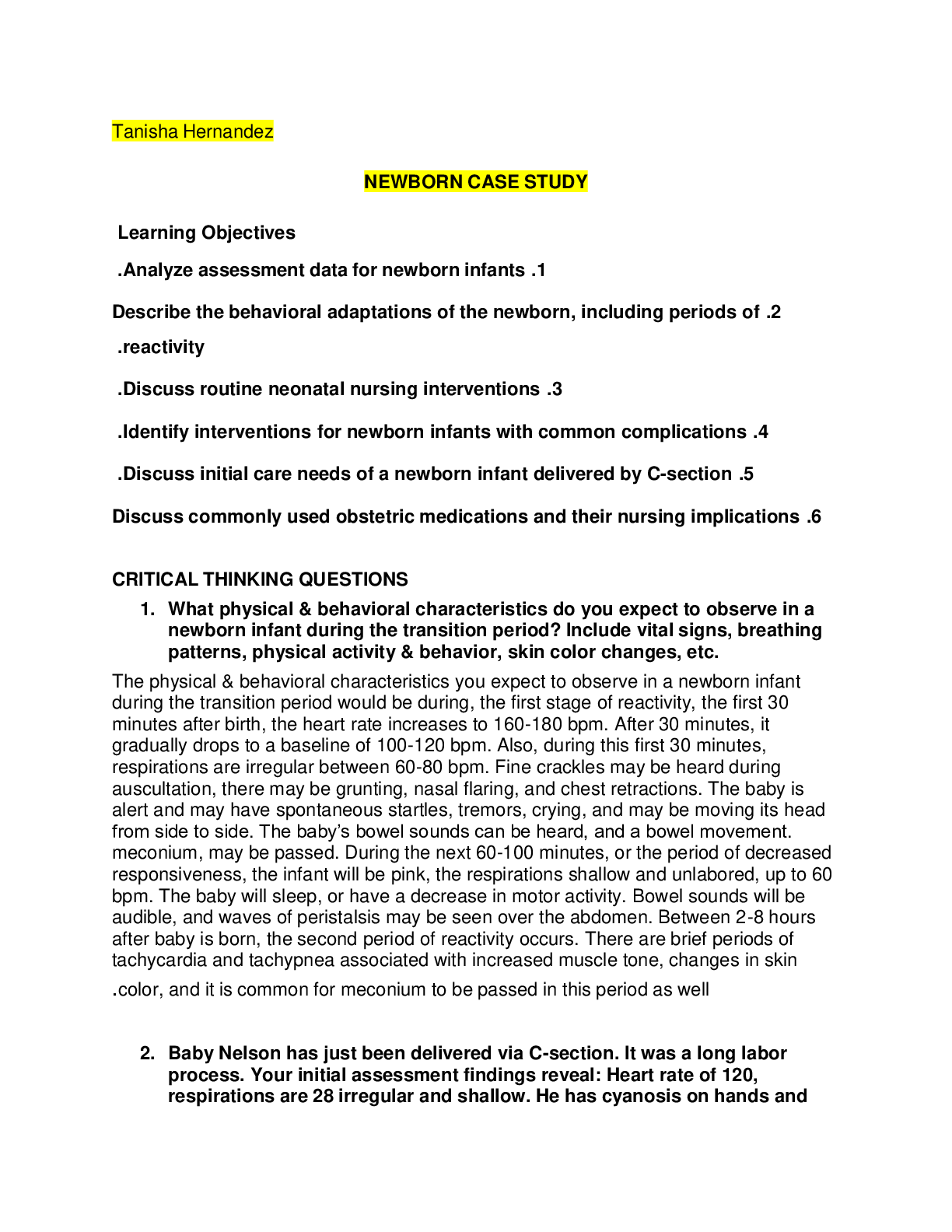 Preview image for NURSING RNSG 2208 Tanisha Hernandez - NEWBORN CASE STUDY