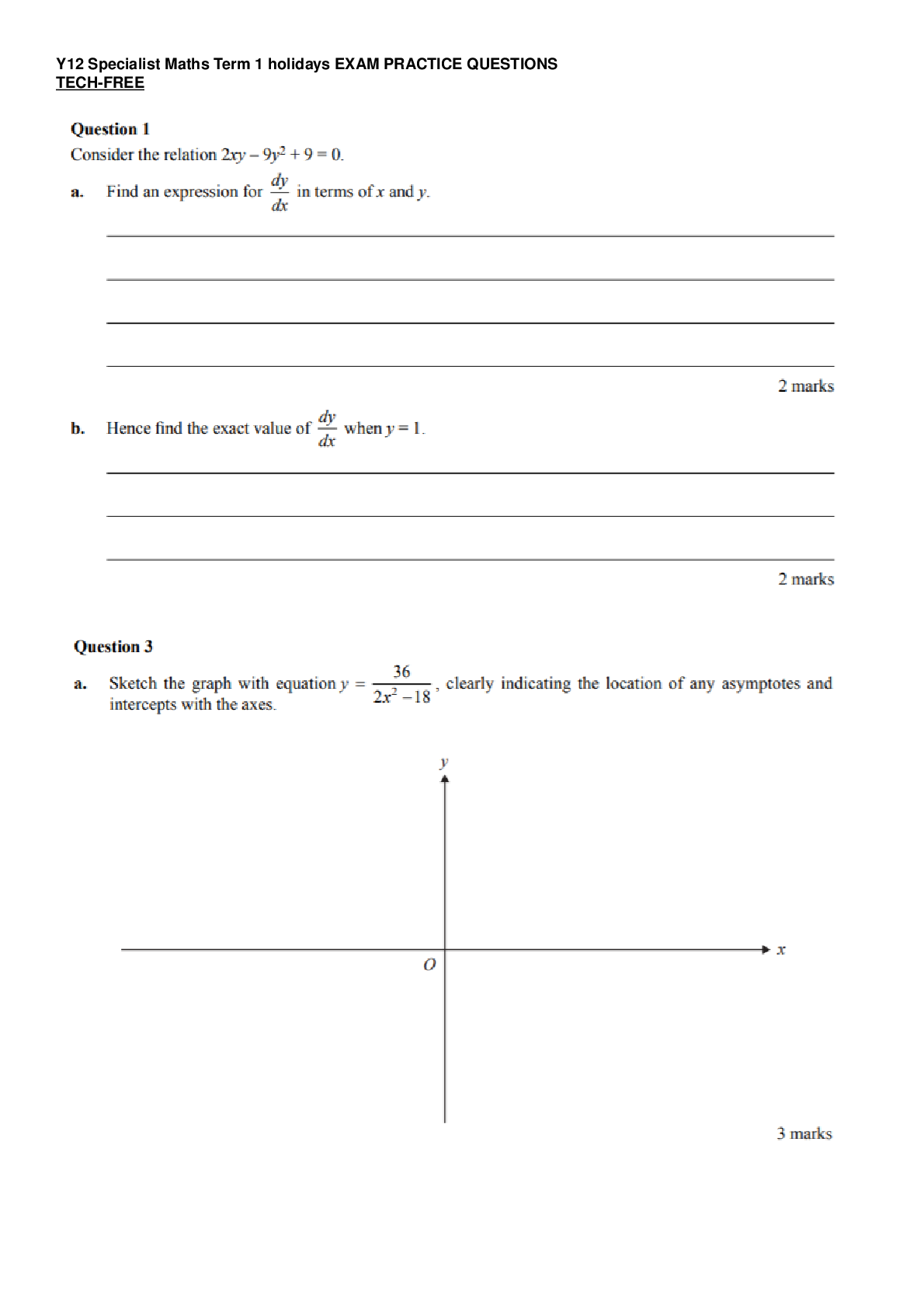 Preview image for Questions Paper > MATH VCETerm 1 2021 Exam questions: Y12 Specialist Maths Term 1 holidays EXAM PRACTICE QUESTIONS TECH-FREE