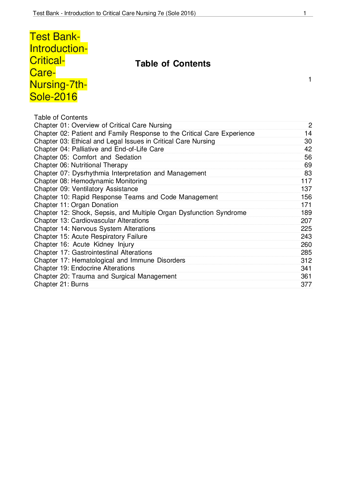 Preview image for Test Bank Introduction to Critical Care Nursing 7e (Sole 2016)