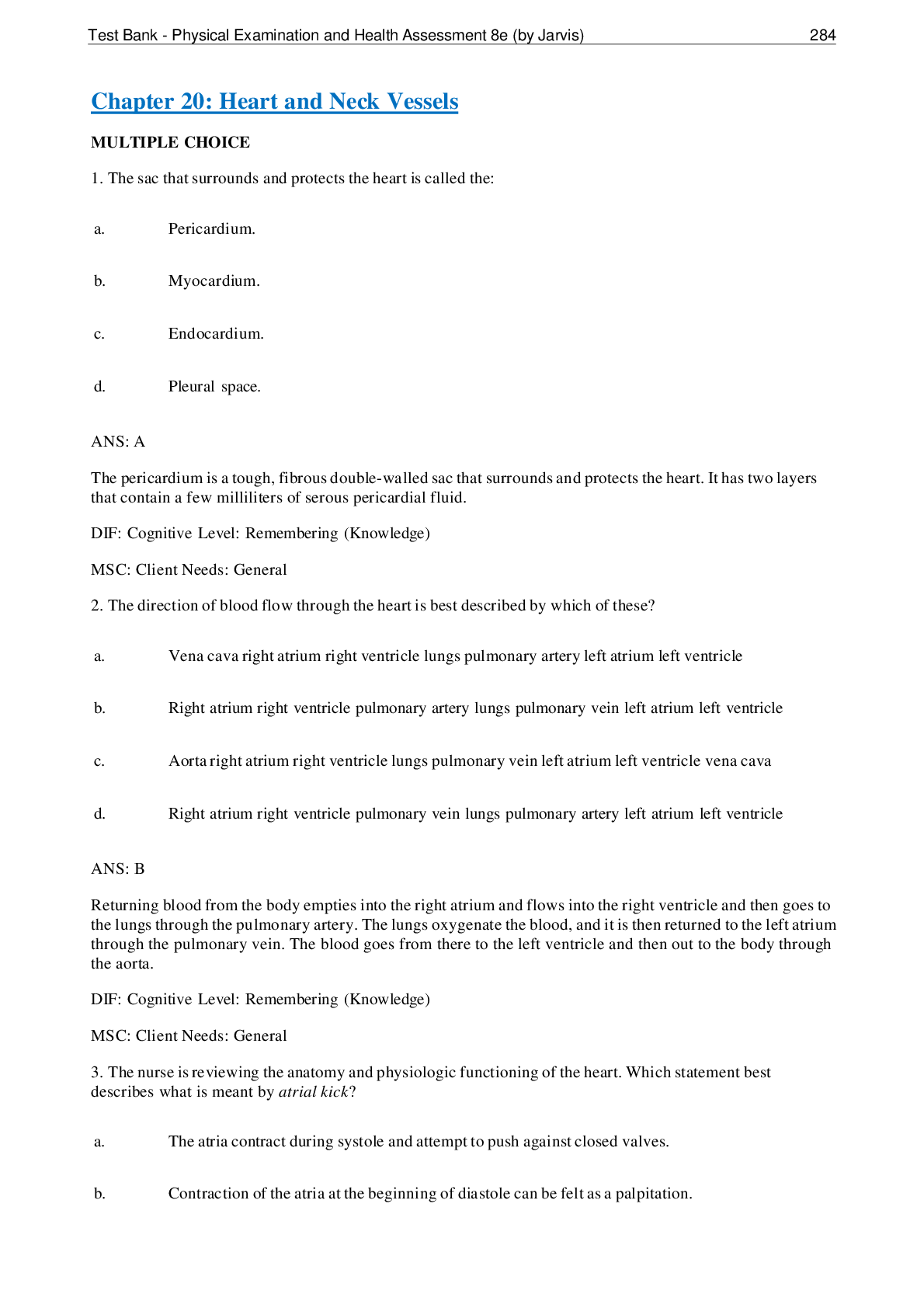 Preview image for TEST BANK Chapter 20: Heart and Neck Vessels PHYSICAL EXAMINATION AND HEALTH ASSESSMENT 8TH EDITION JARVIS ,100% CORRECT