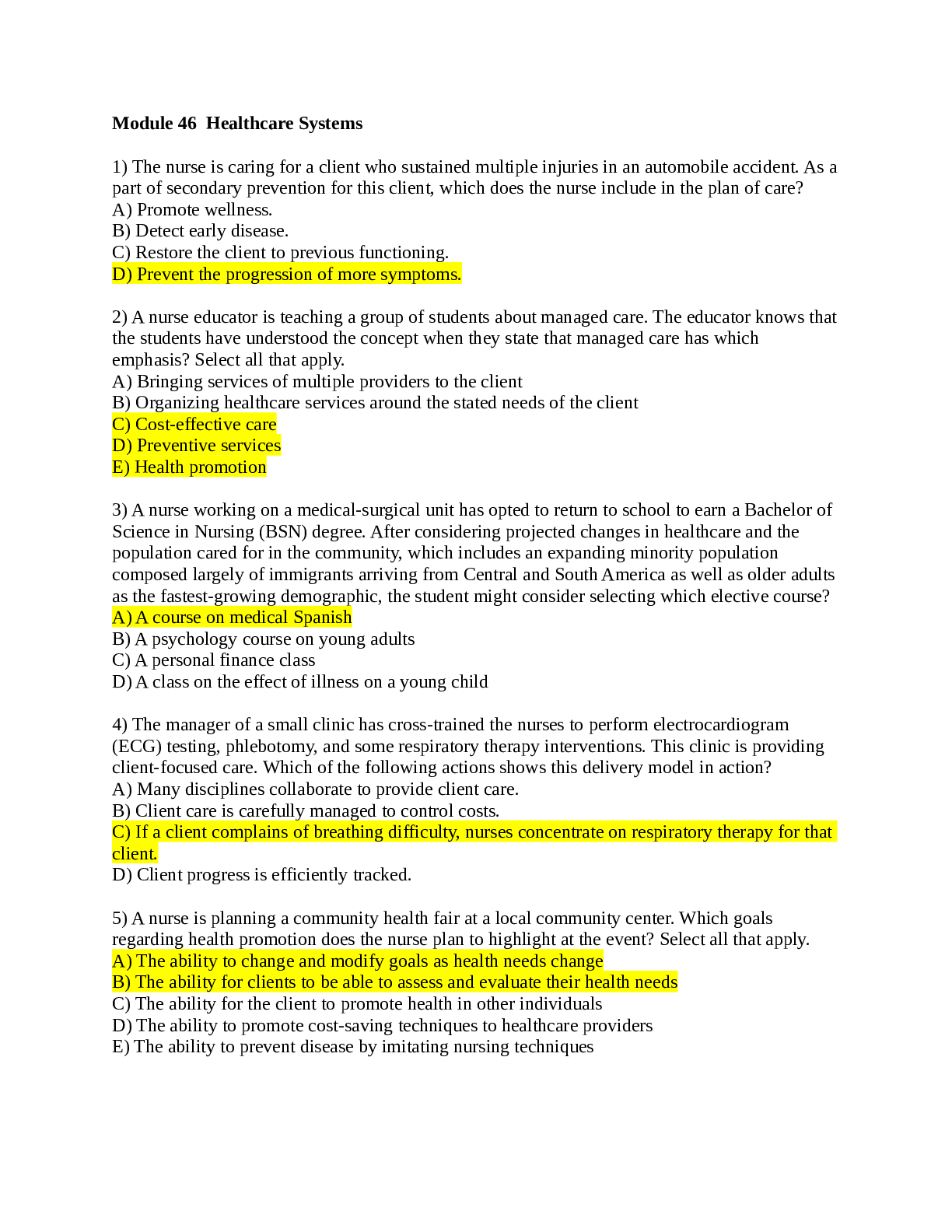 Preview image for NURSING 213 Healthcare Systems Post Class.pptx - Module 46 Healthcare Questions and Answers