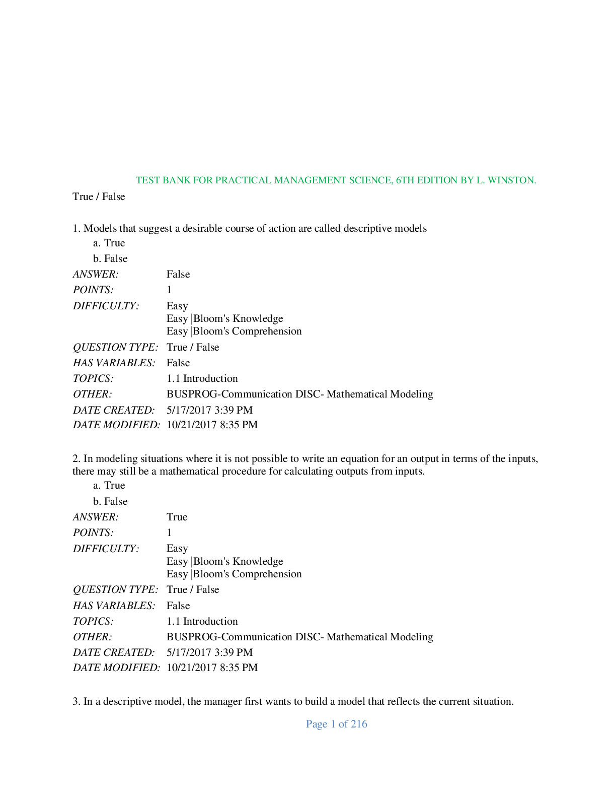 Preview image for Test Bank For Practical Management Science, 6th Edition By L. Winston.