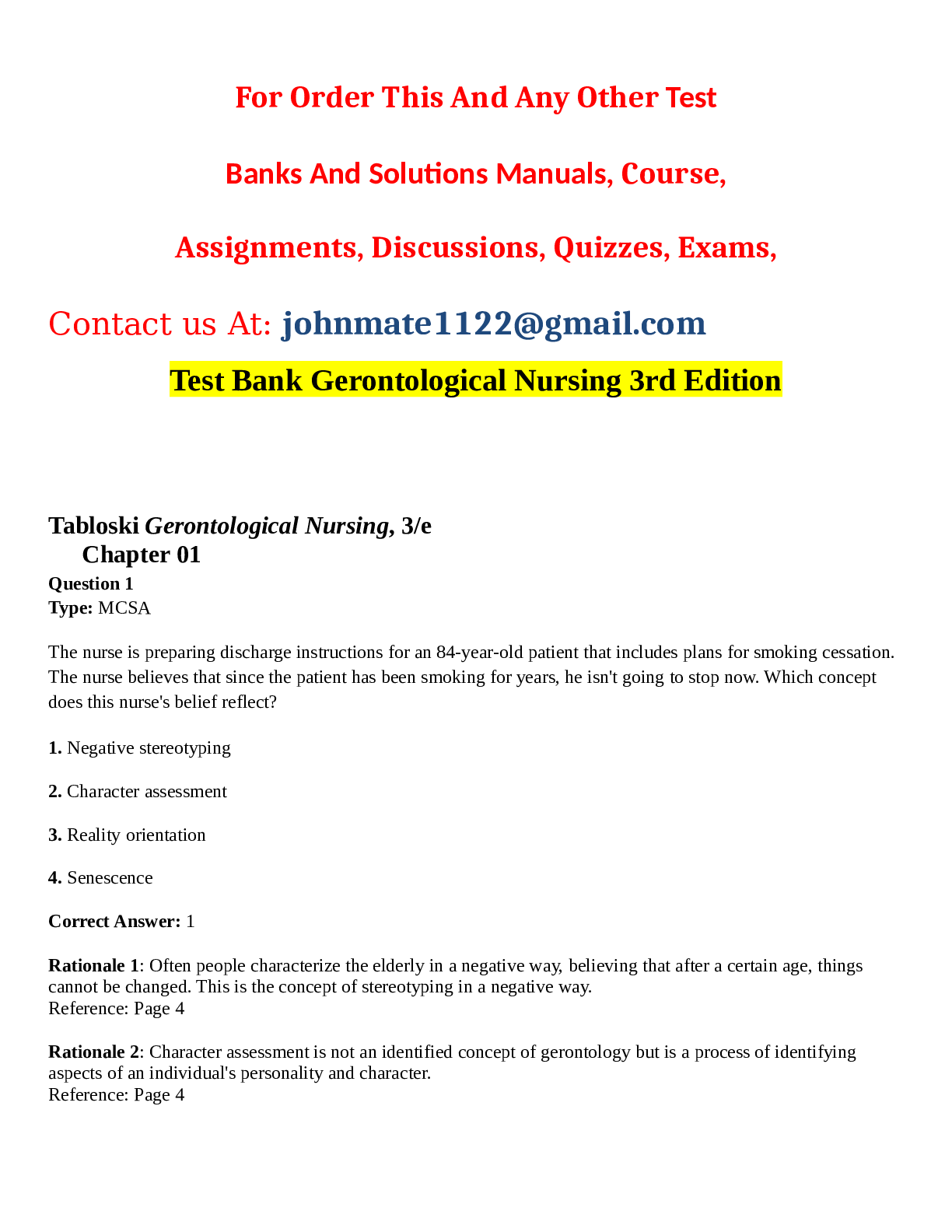 Preview image for Test Bank Gerontological Nursing 3rd Edition