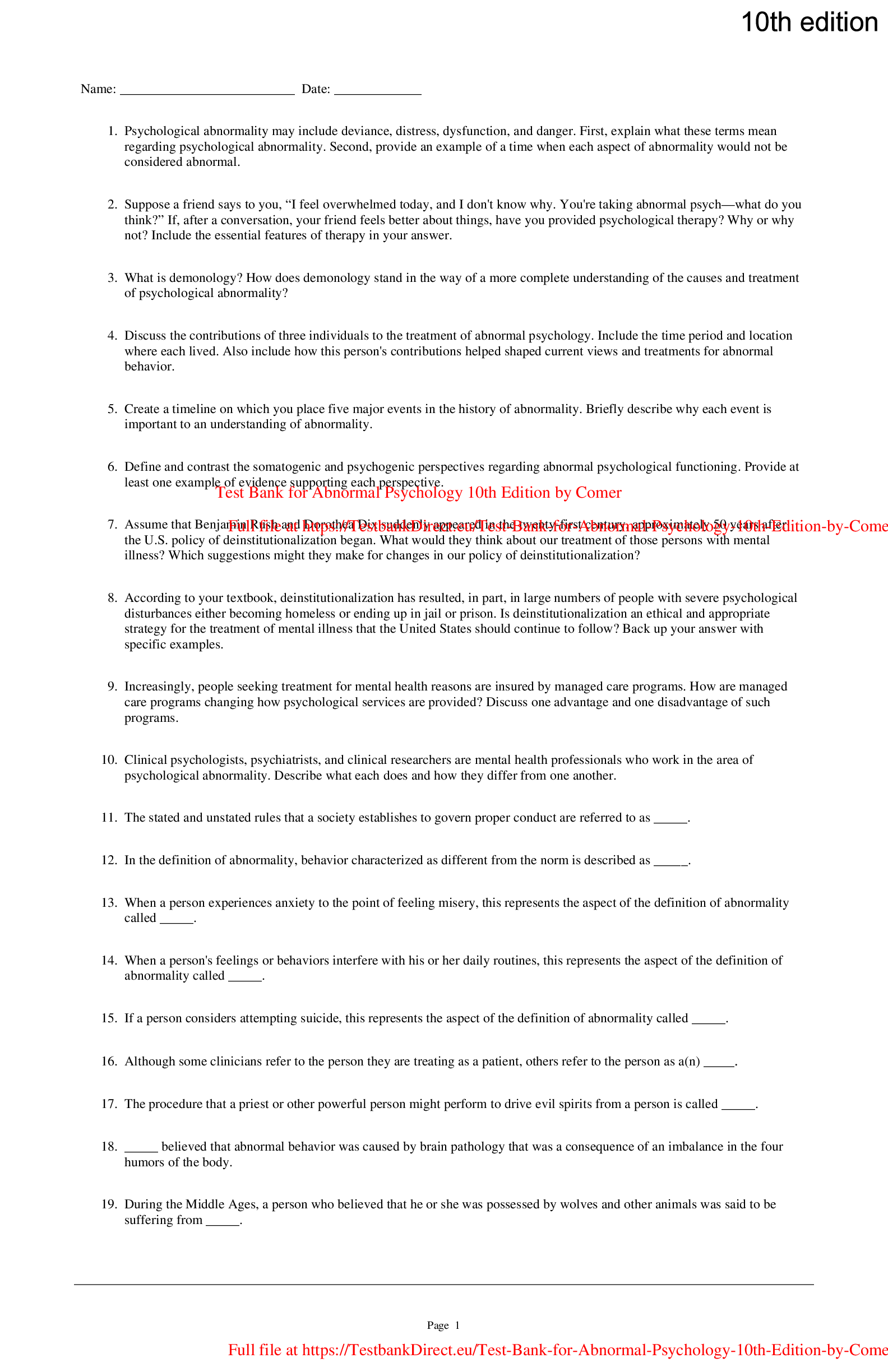 Preview image for Test-Bank-for-Abnormal-Psychology-10th-Edition-by-Comer