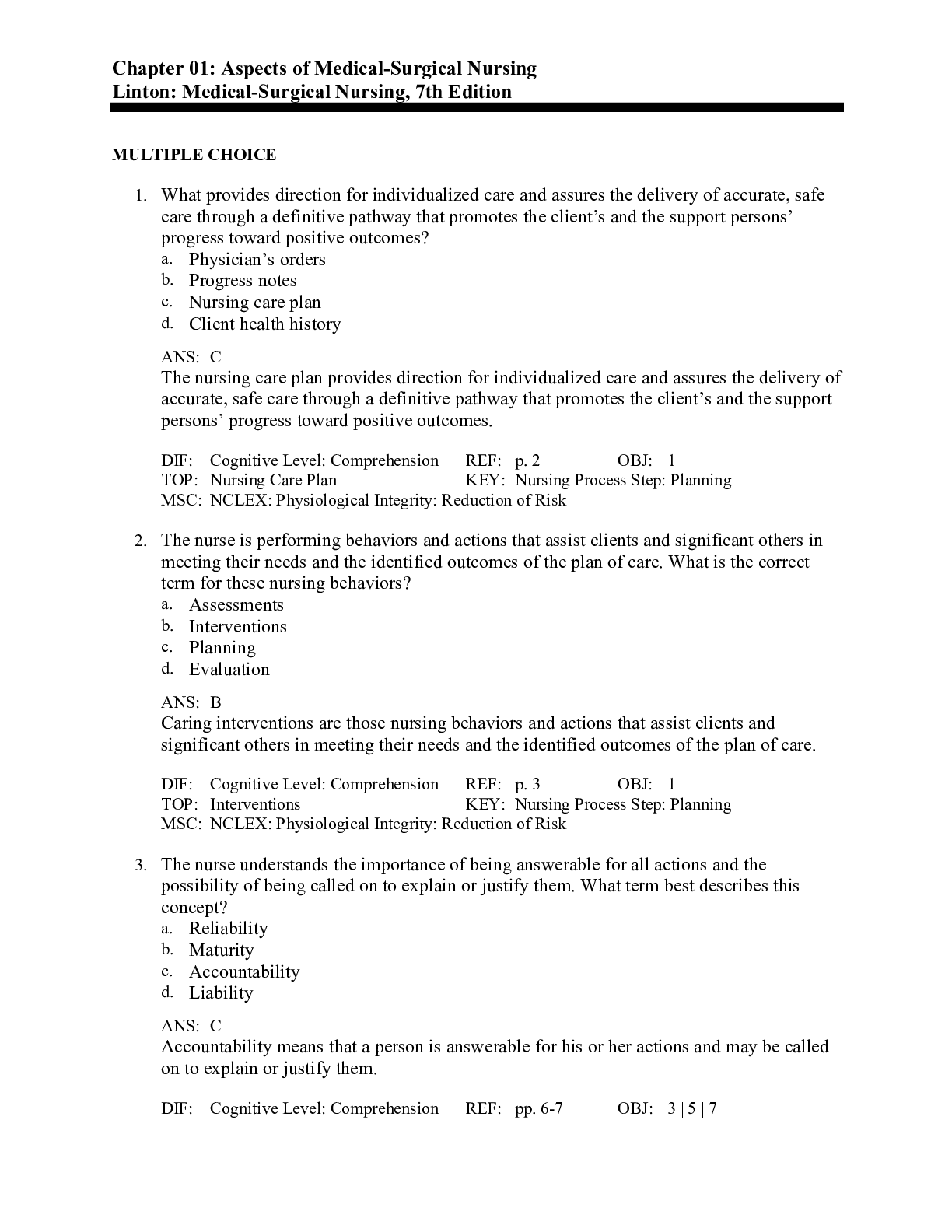 Preview image for Test Bank for Medical Surgical Nursing 7th Edition by Linton