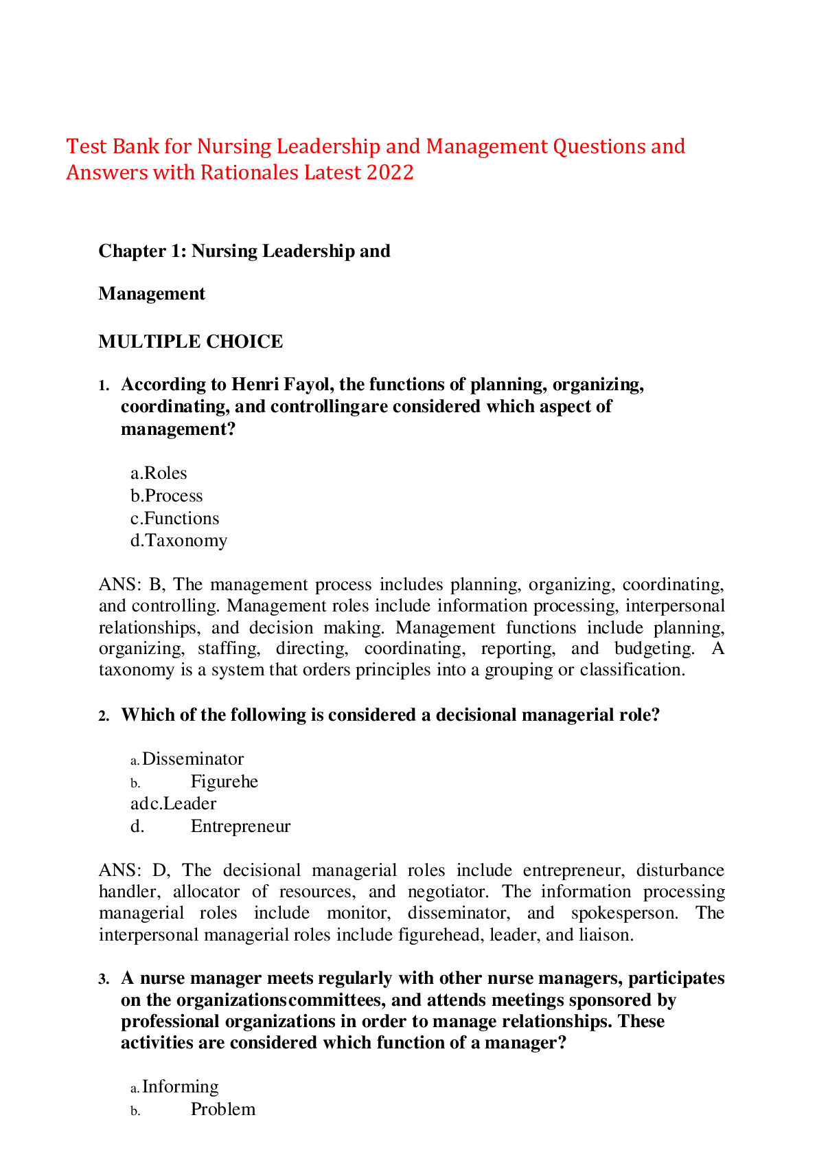 Preview image for Test Bank for Nursing Leadership and Management Questions and Answers with Rationales Latest 2022,100% CORRECT