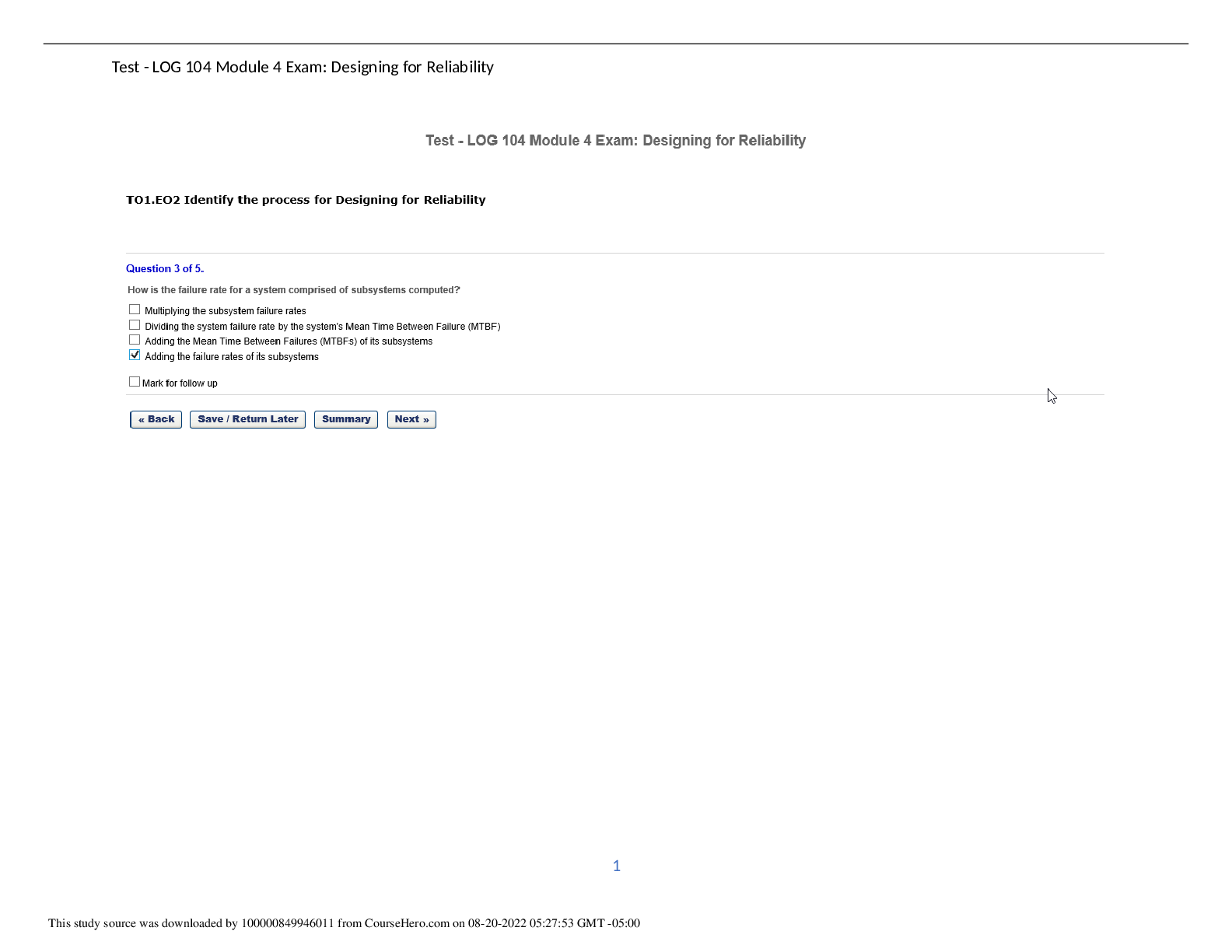 Preview image for Test LOG 104 Module 4 Exam Designing for Reliability