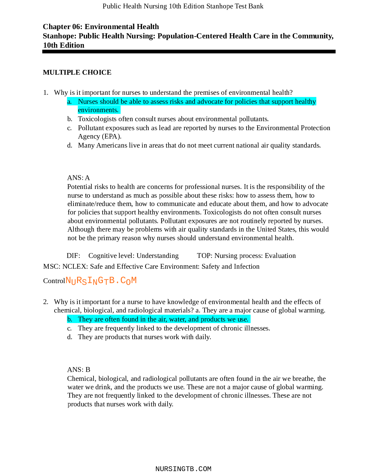 Preview image for Public Health Nursing 10th Edition Stanhope Test Bank