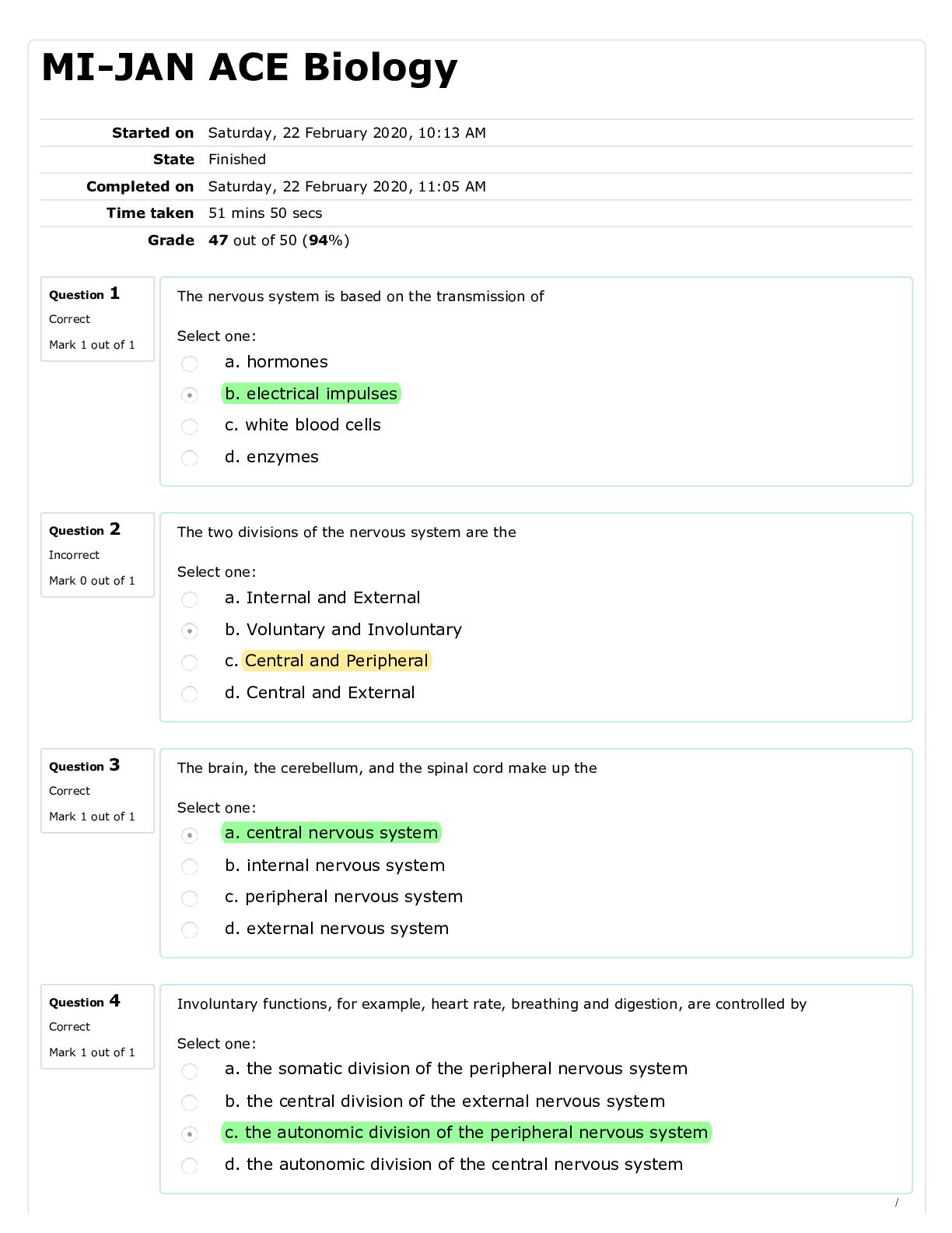 Preview of Loyalist College BIOS 101Test for Module 2 Unit 3 on Human Nervous System (50 pts.)