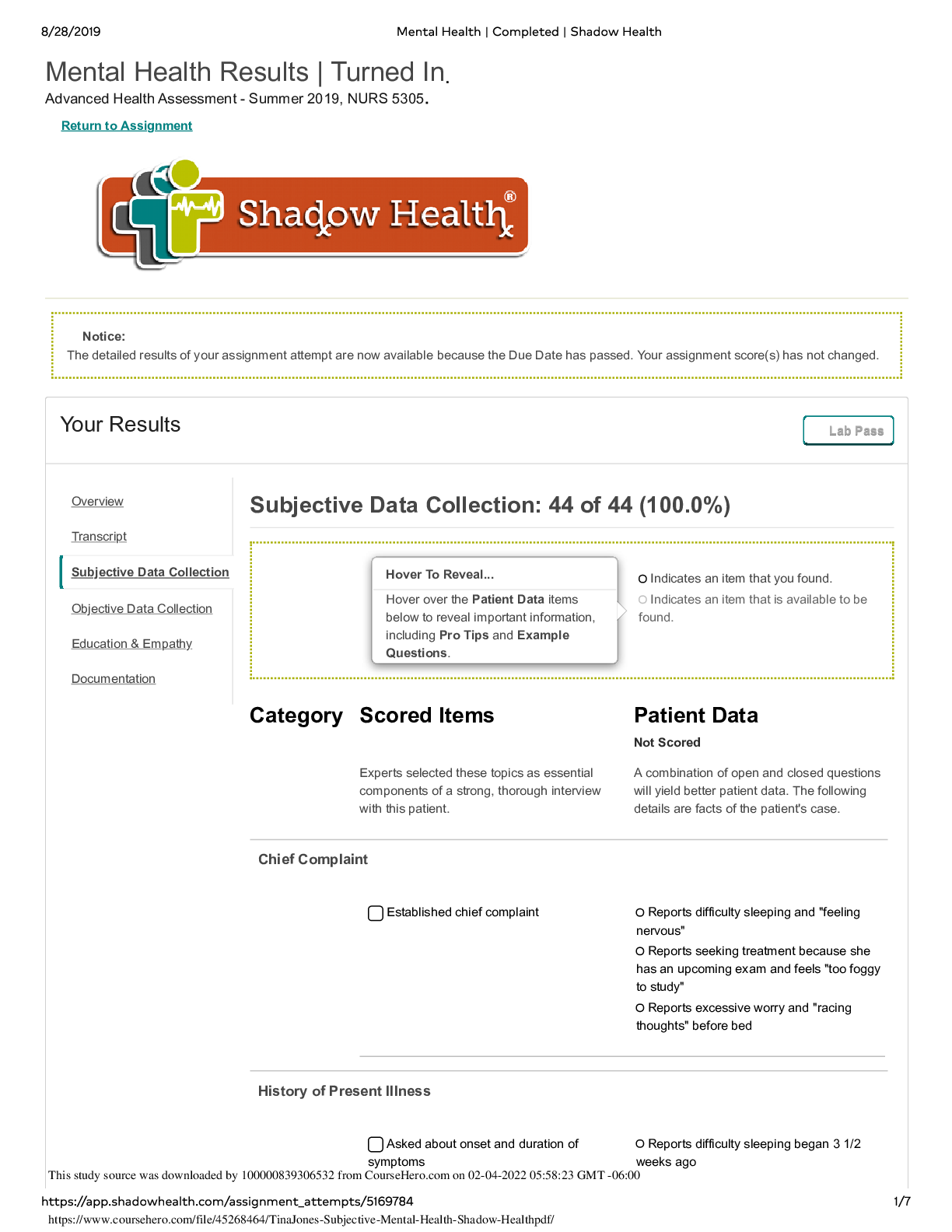 Preview image for Mental Health _ Completed _Subjective_ Shadow Health