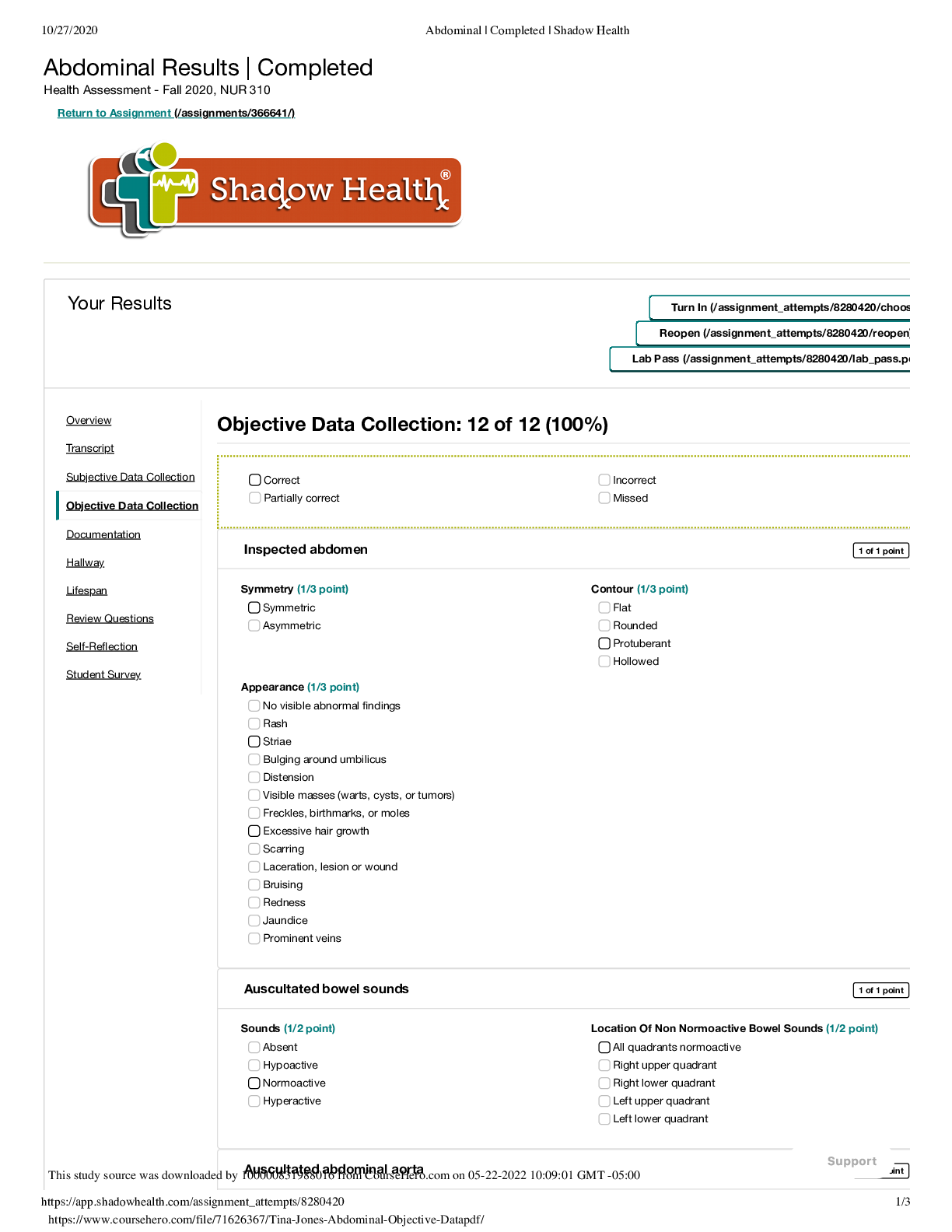 Preview image for Abdominal Results | Completed Health Assessment - Fall 2020, NUR 310. graded A+