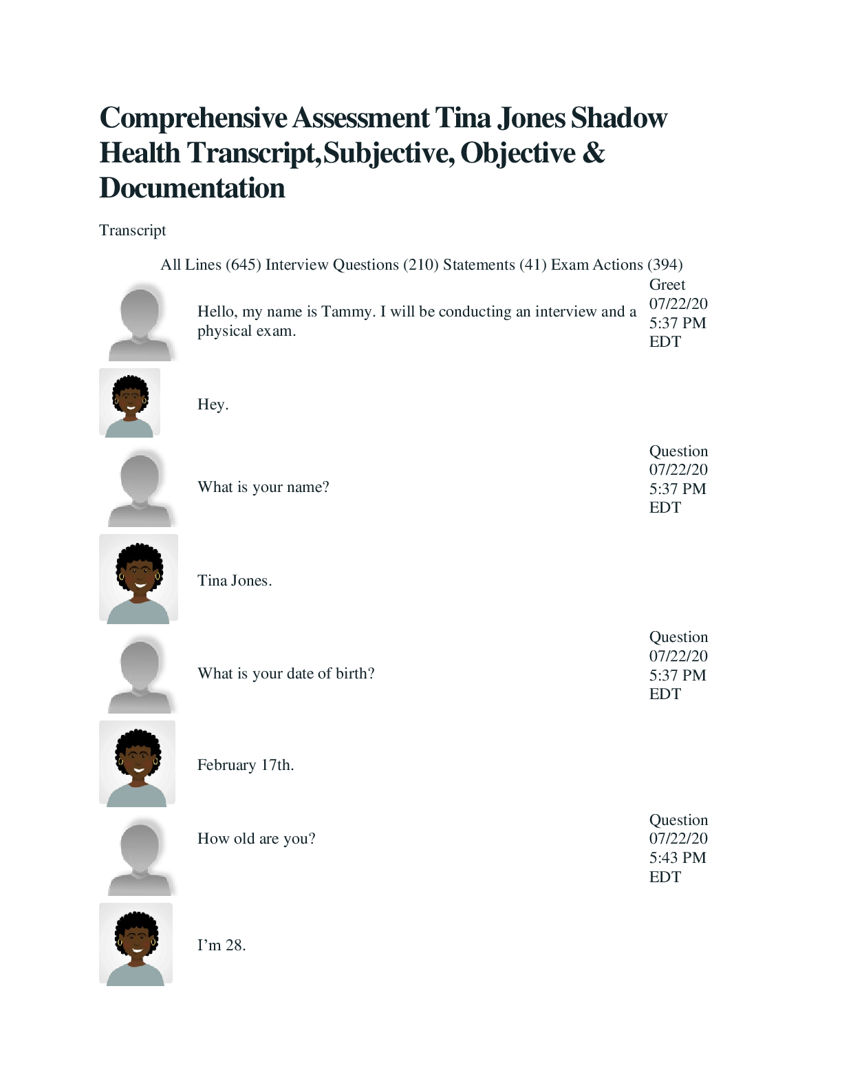 Preview image for Comprehensive Assessment Tina Jones Shadow Health Transcript, Subjective, Objective & Documentation 2021 LATEST STUDY GUIDE A+