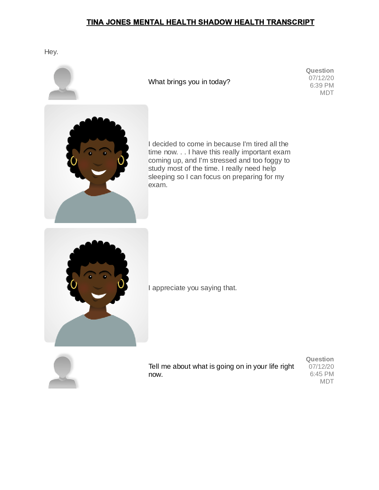 Preview image for Tina Jones Mental Health Shadow Health Transcript