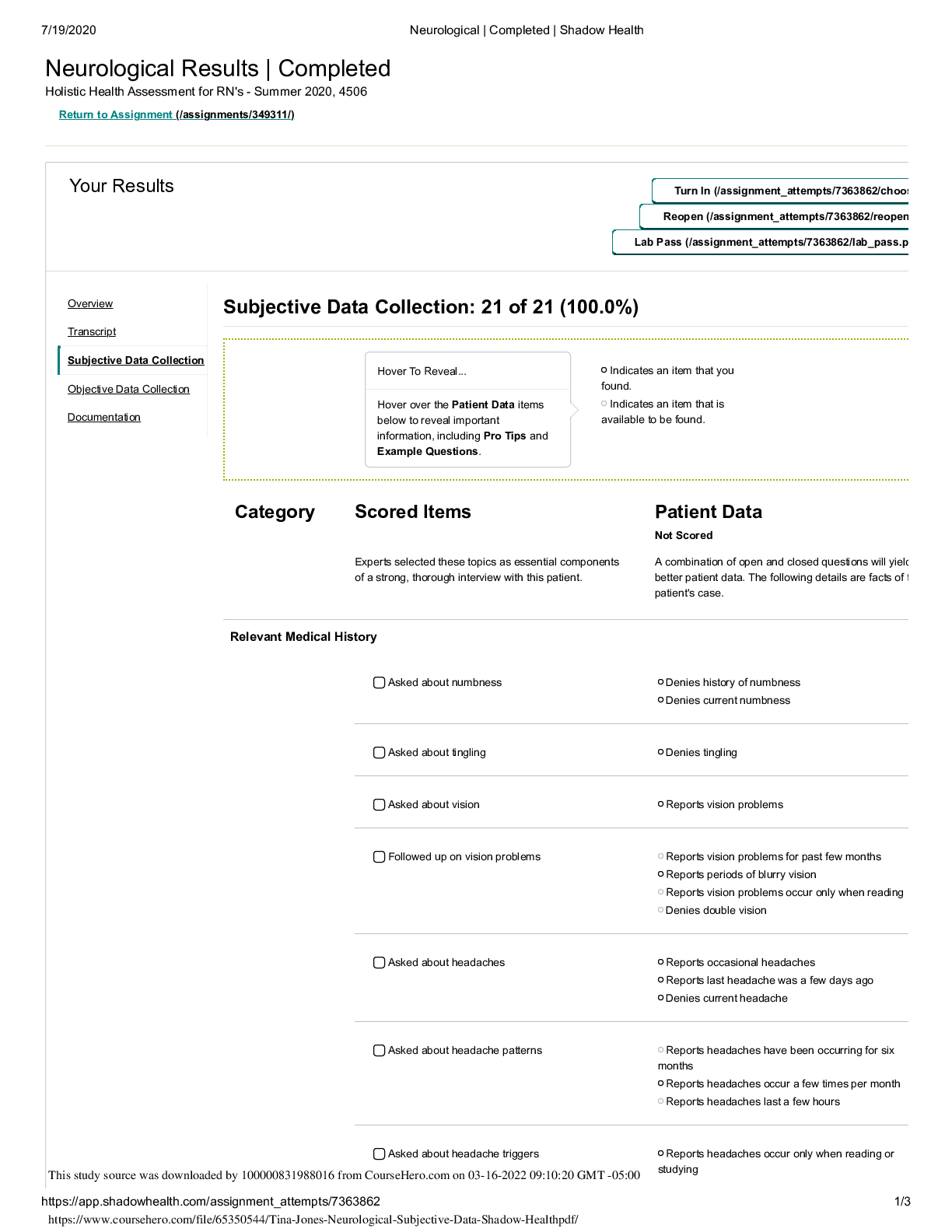 Preview image for Tina Jones Neurological Subjective Data Shadow Health