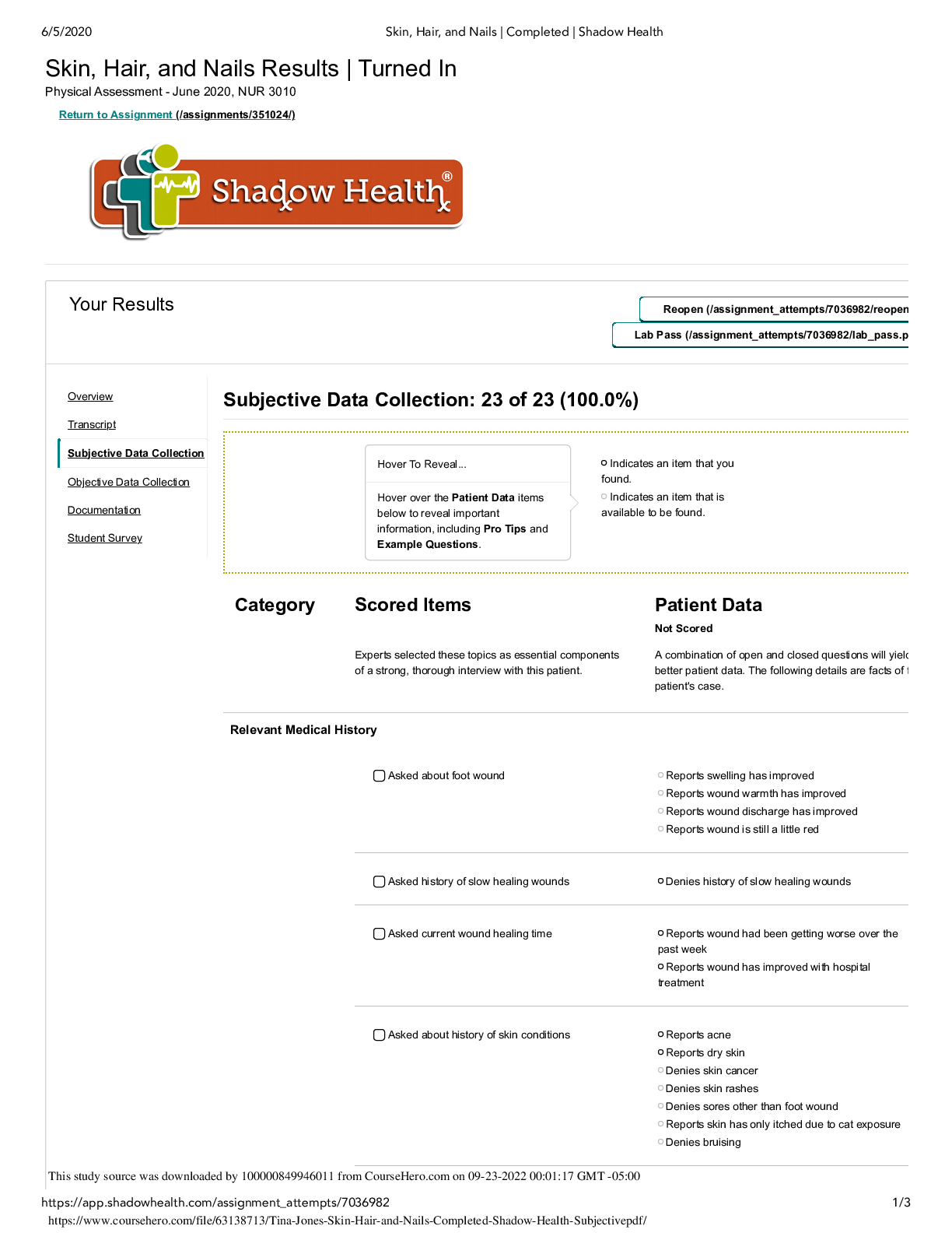 Preview image for Tina Jones Skin, Hair, and Nails _ Completed _ Shadow Health_Subjective