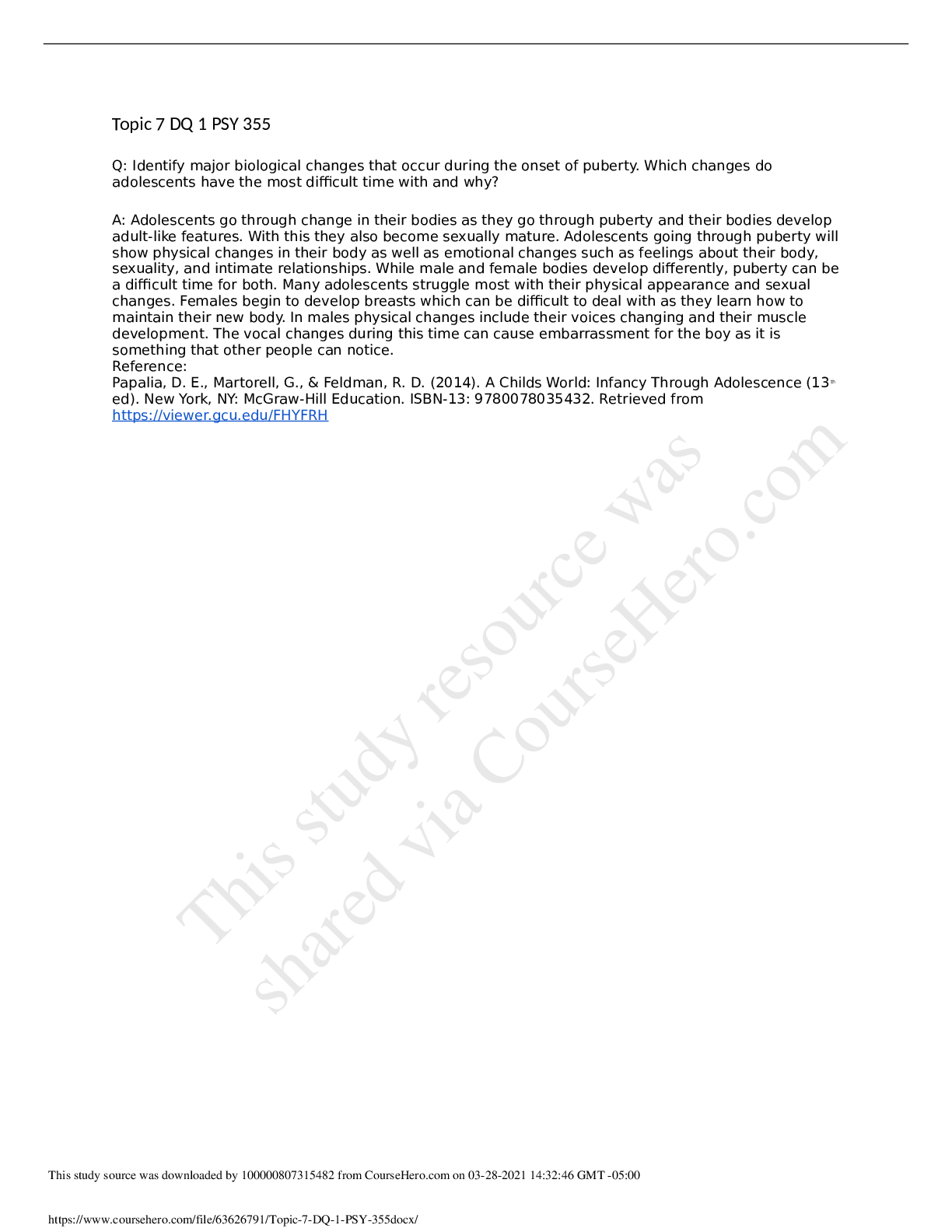 Preview of PSY 355 Topic 7 DQ 1 and 2 2020