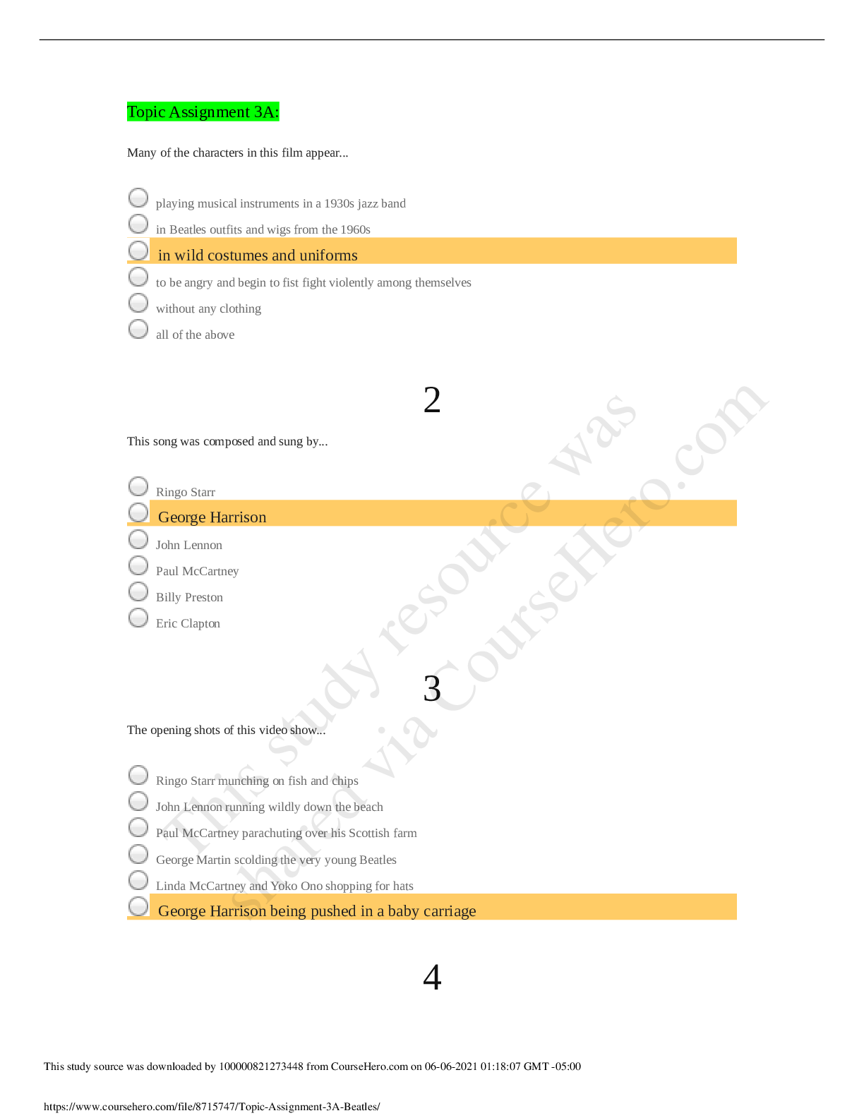 Preview of MUS 354 Beatles after Beatles, Exam guide (GRADED A)