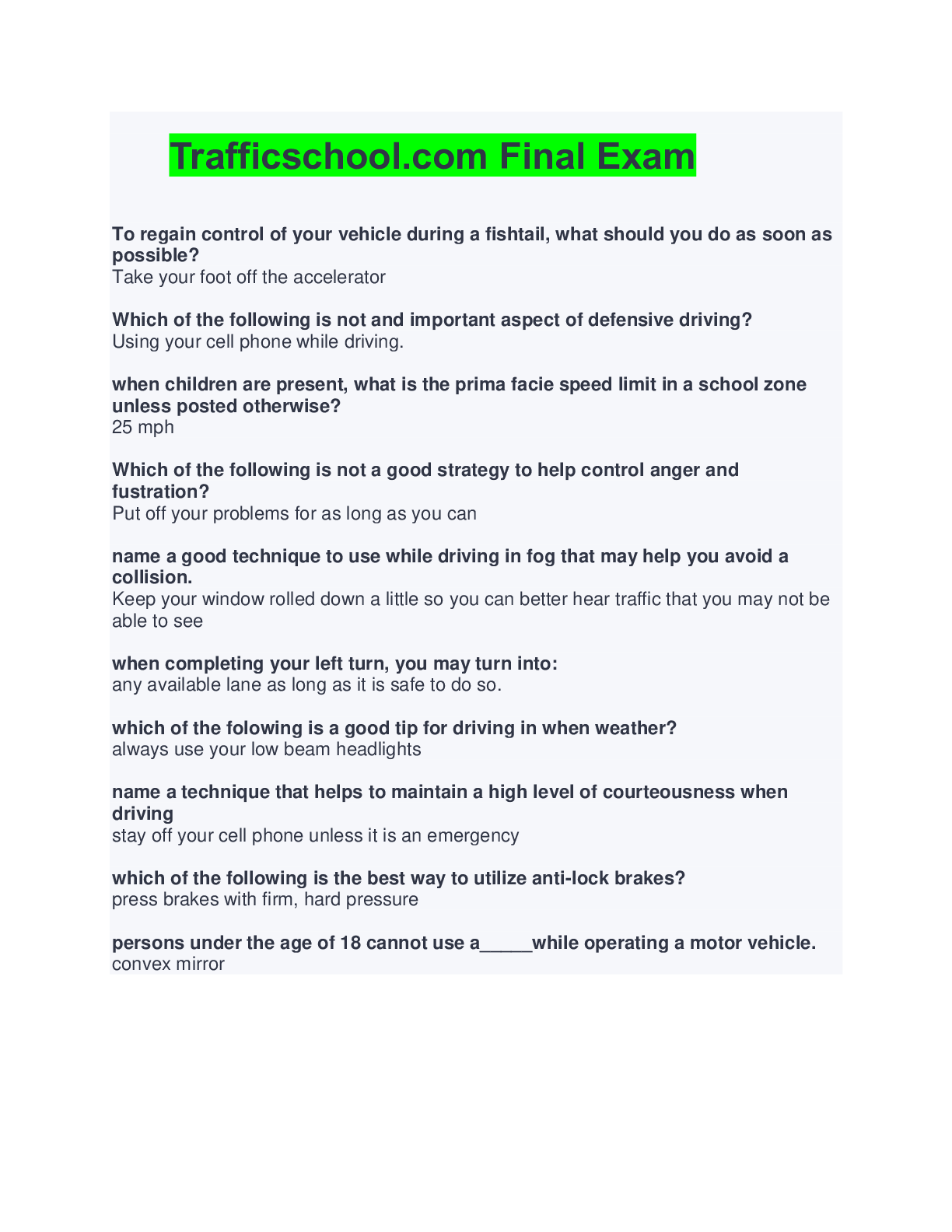 Preview image for Trafficschool.com Final Exam and 100% accurate answers