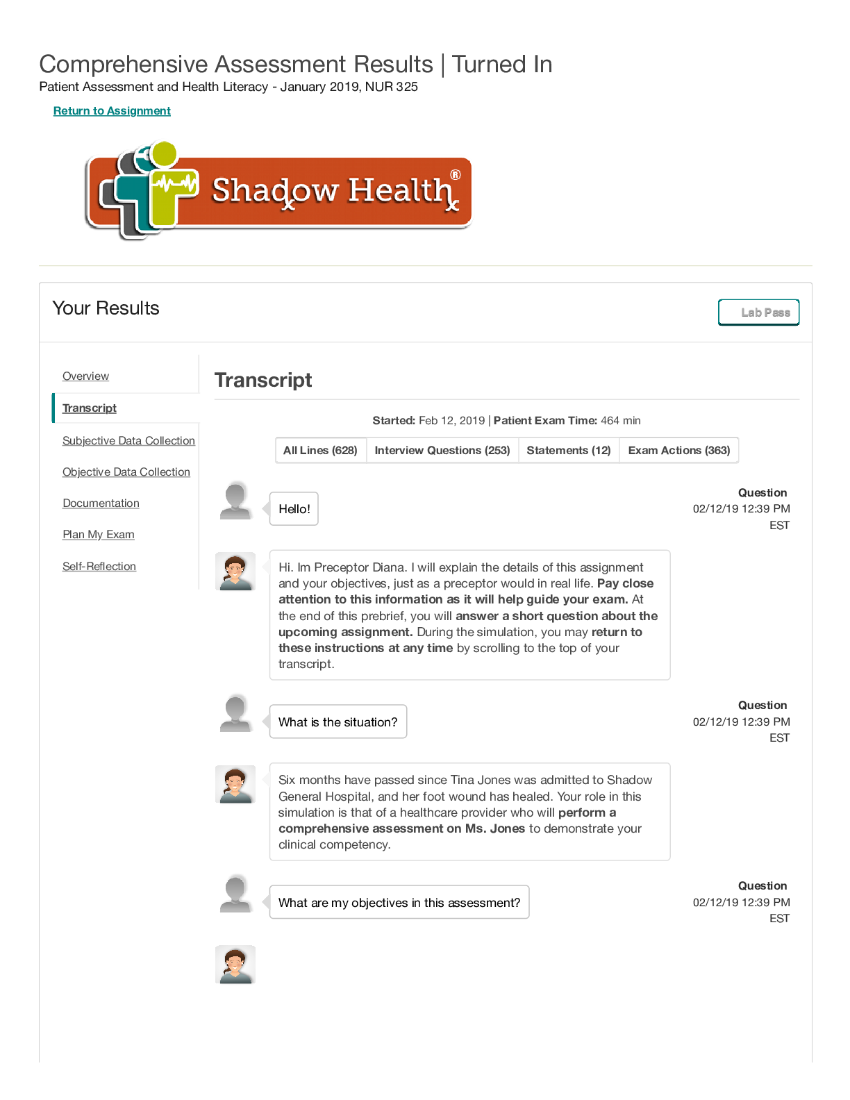 Preview image for NUR 325;Transcript Comprehensive Assessment _ Completed _ Shadow Health. Summary