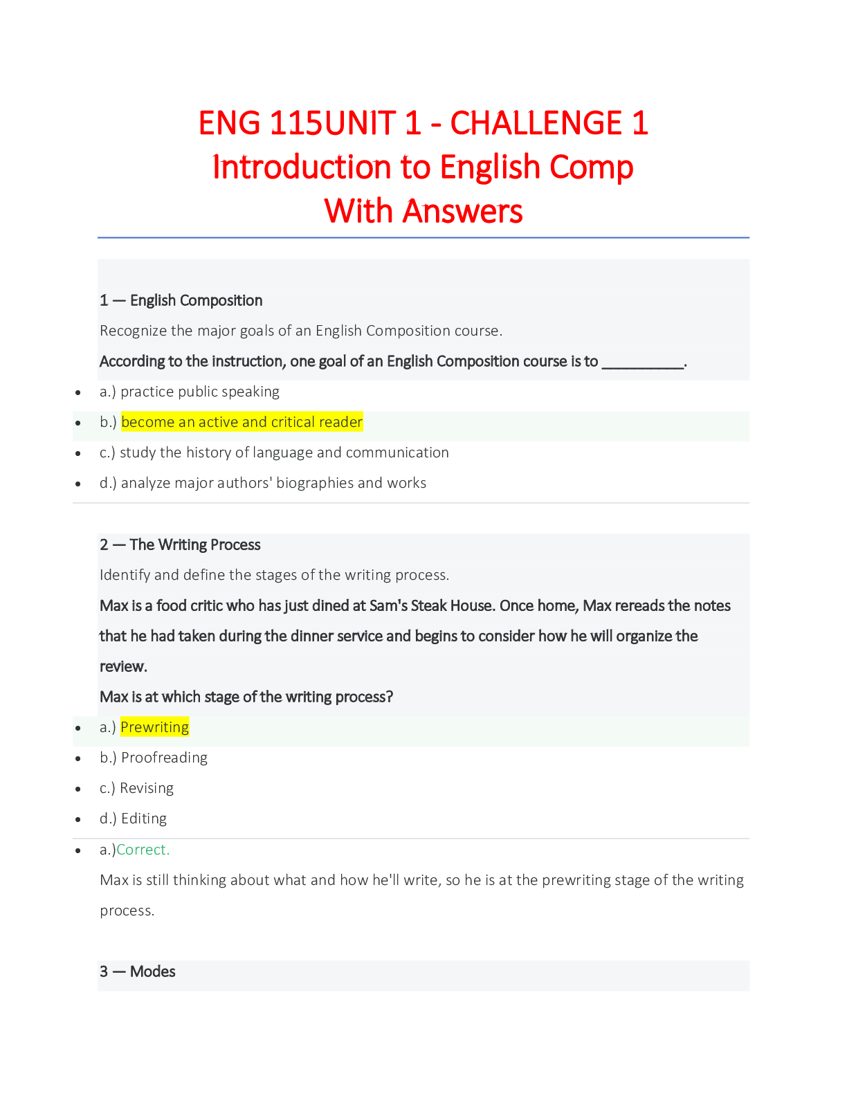 Preview image for ENG 115UNIT 1 - CHALLENGE 1 for SUMMER 2020.  Introduction to English Comp  With Answers. 100%.