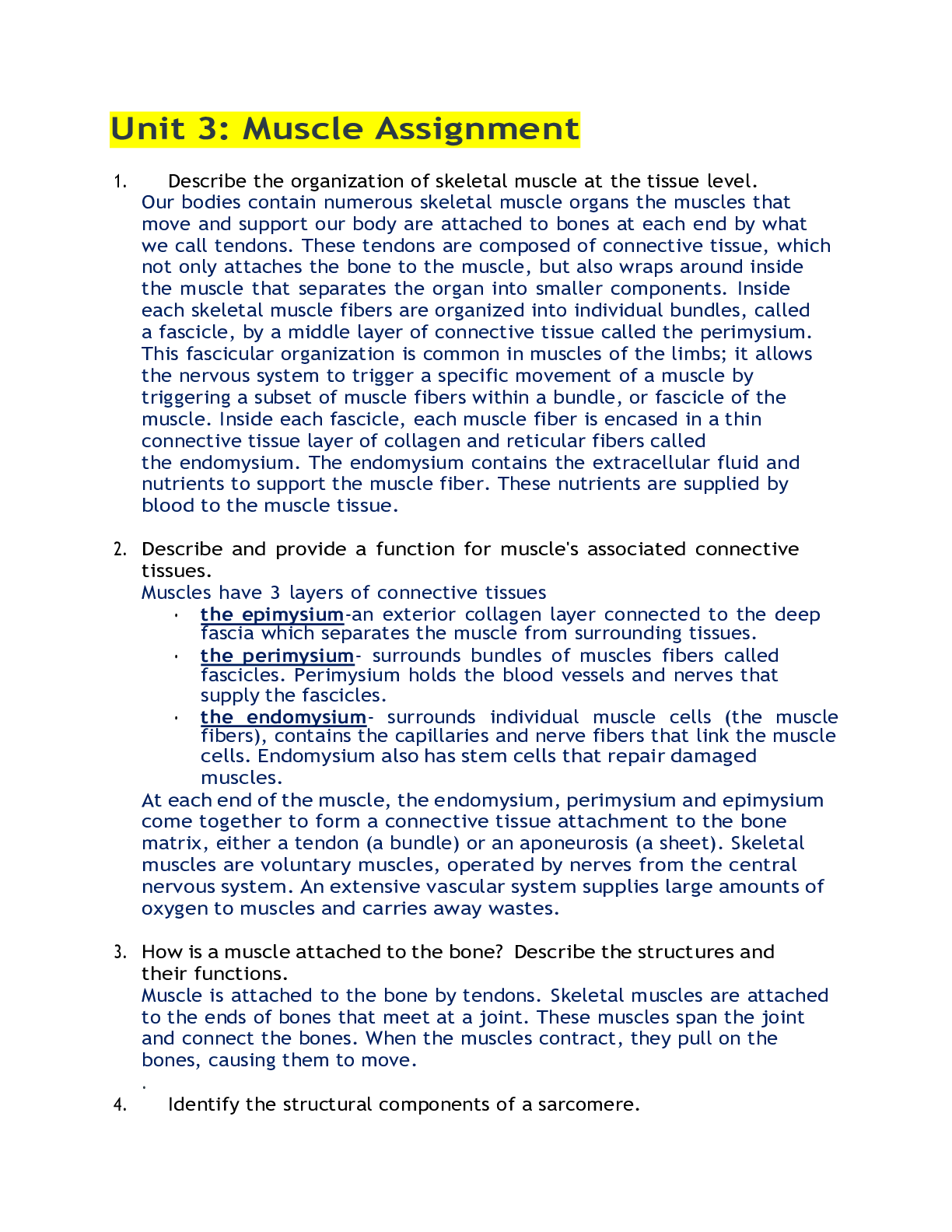 Preview of BIO102 Unit 3: Muscle Assignment | Coreectly answered and graded.