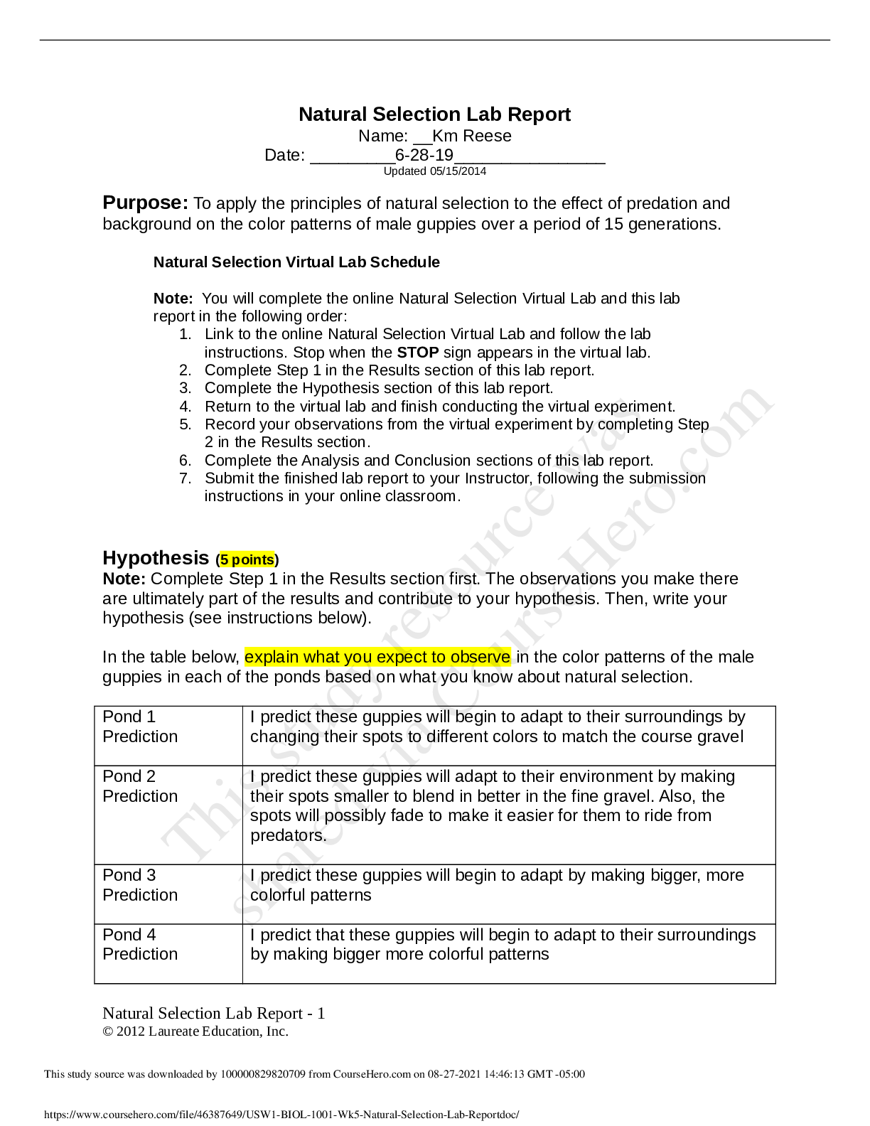 Preview of [Solved] BIOL 1001 Week 5 Natural Selection Virtual Lab Schedule