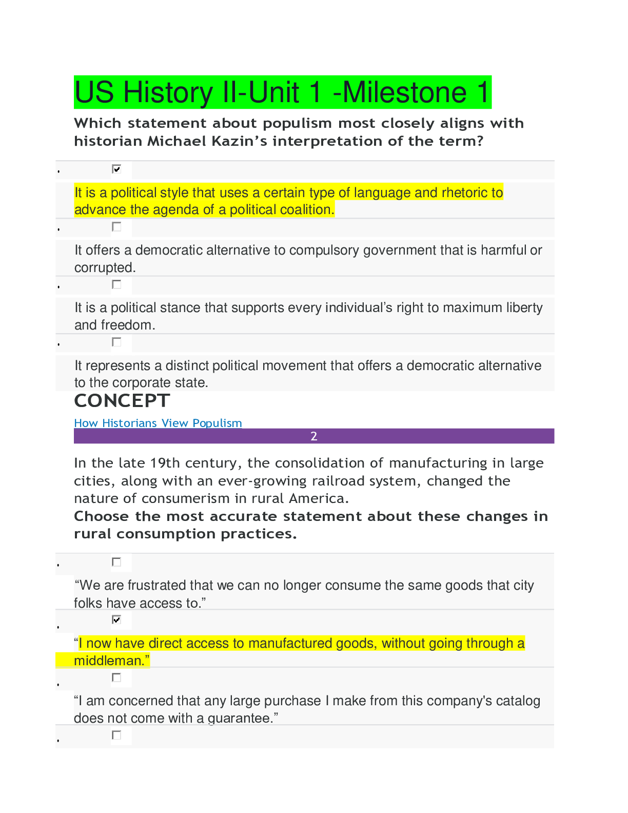 Preview image for US History II-Unit 1 - Sophia Milestone 1. All answers| US History II Unit 1 -Milestone 1