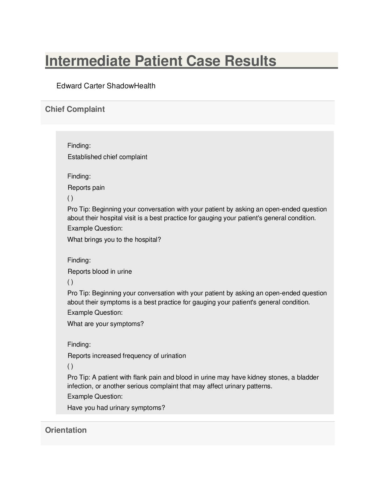 Preview image for shadow health Unguided Intermediate Patient Case complete solutions