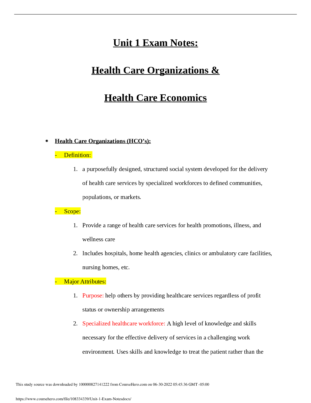 Preview image for Unit 1 Exam Notes: Health Care Organizations & Health Care Economics