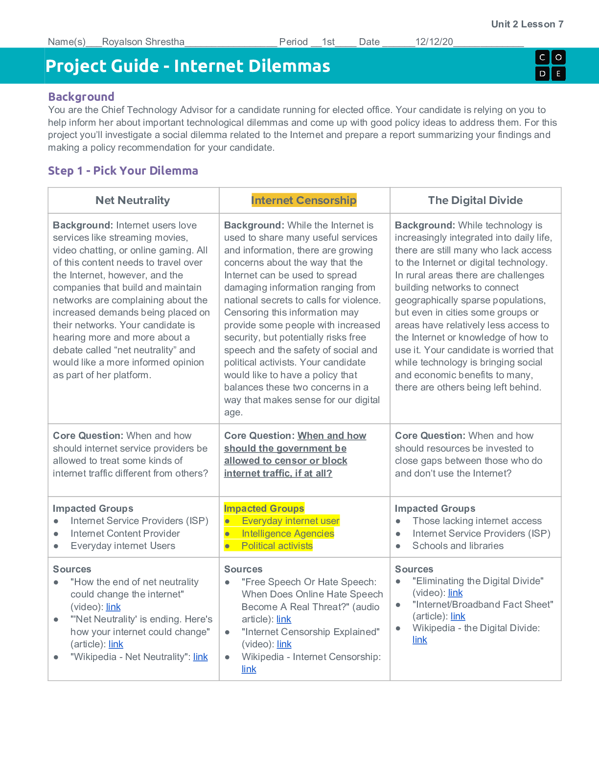 Preview image for Unit 2 Lesson 7 Project Internet Dilemmas. Apex Friendship High School - Apex ENG AP