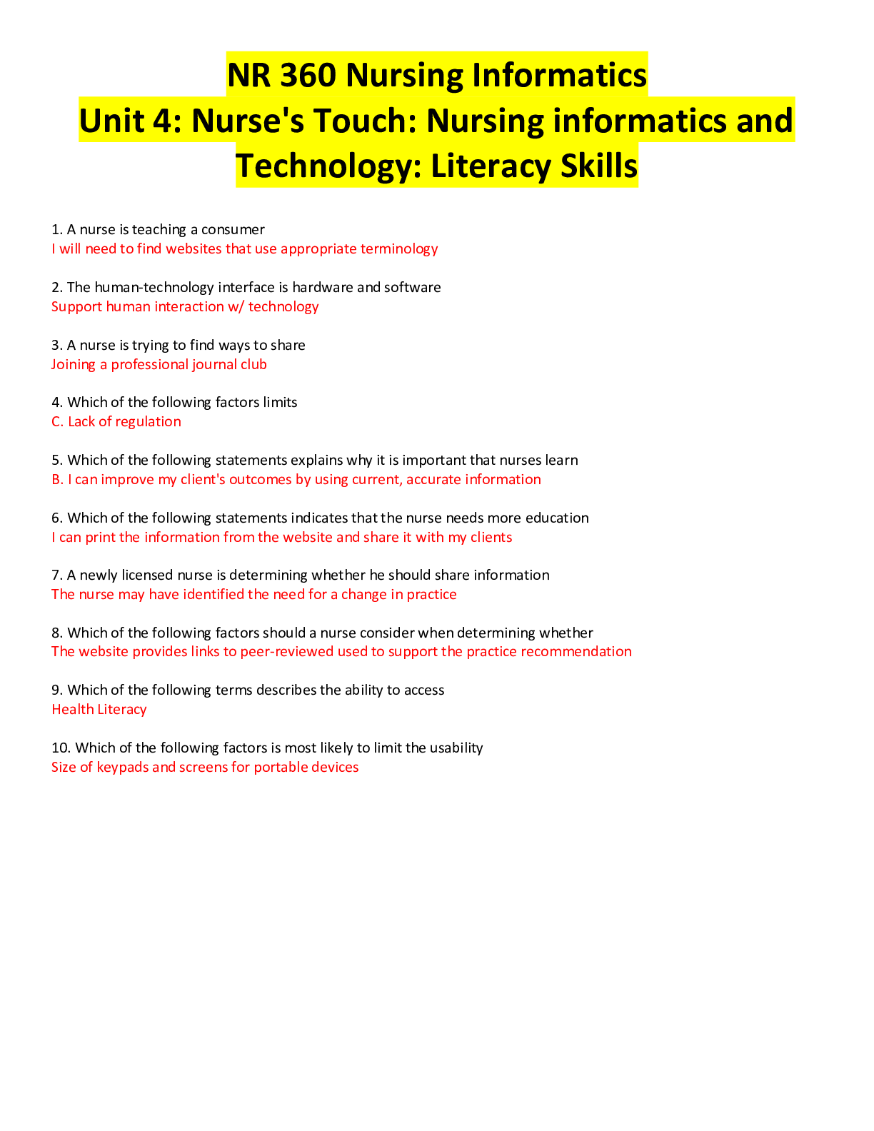Preview image for NR 360 Unit 4 Assignment Using ATI Resources: Nurse’s Touch – Nursing Informatics and Technology: Literacy Skills and Consumer Educational Needs