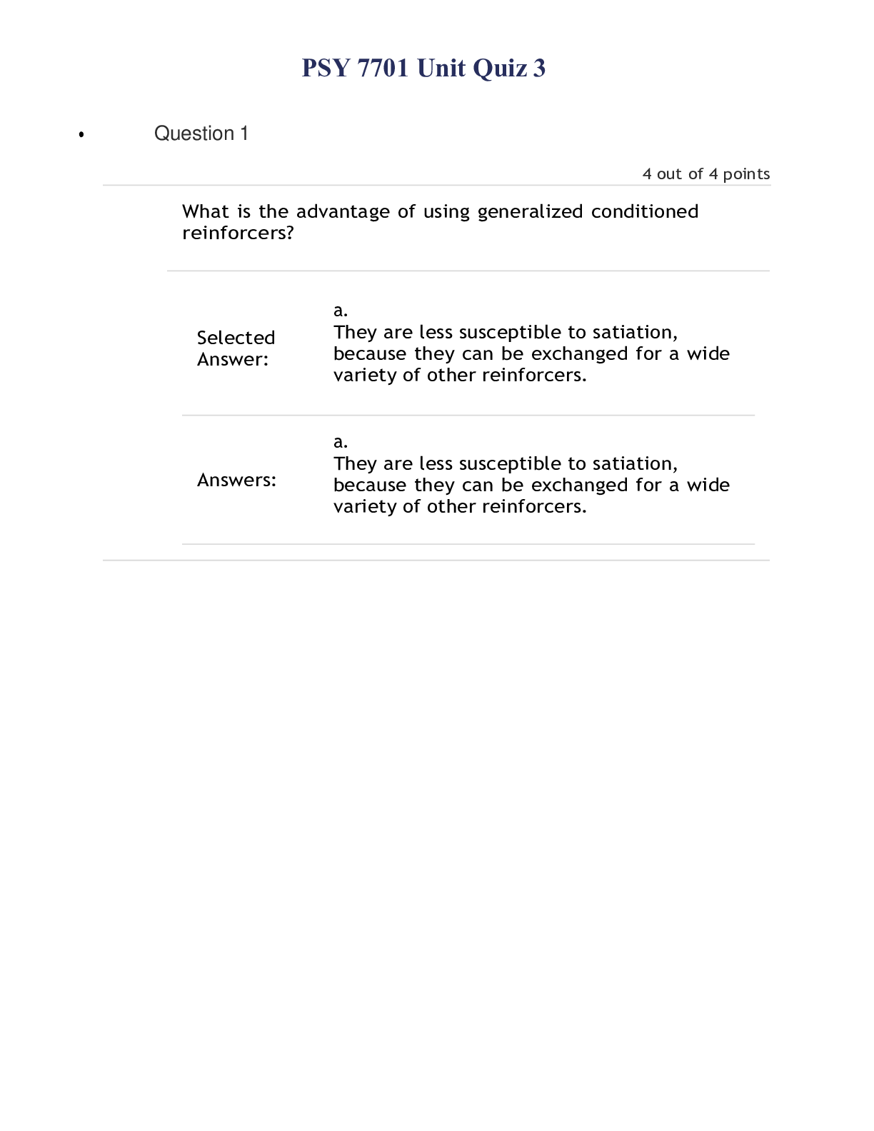 Preview of PSY 7701 Unit Quiz 3- Questions and Answers
