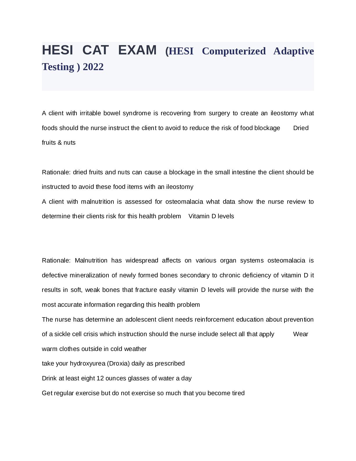 Preview of HESI CAT EXAM(HESI Computerized Adaptive Testing ) 2022