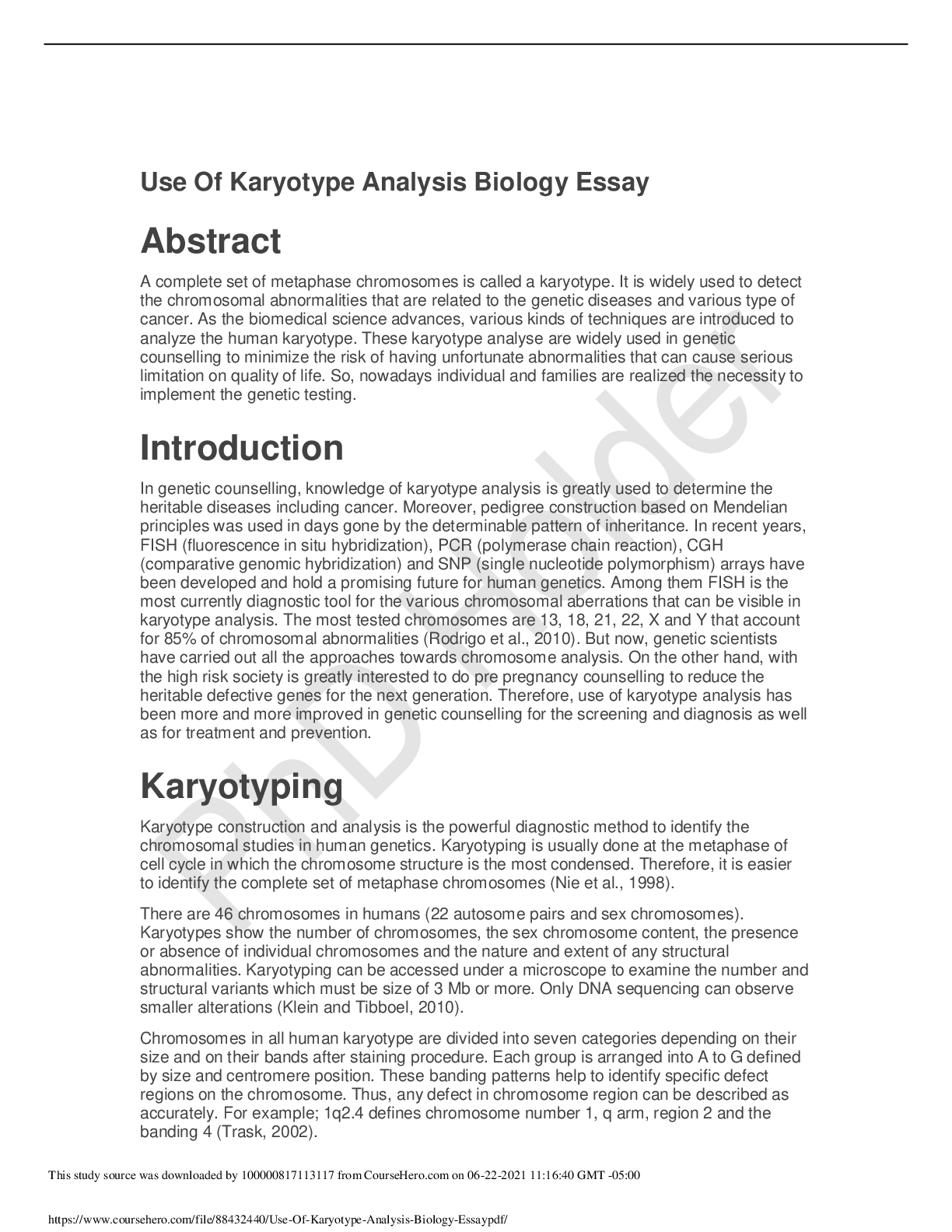 Preview image for Use of Karotype Analysis,Biology Essay