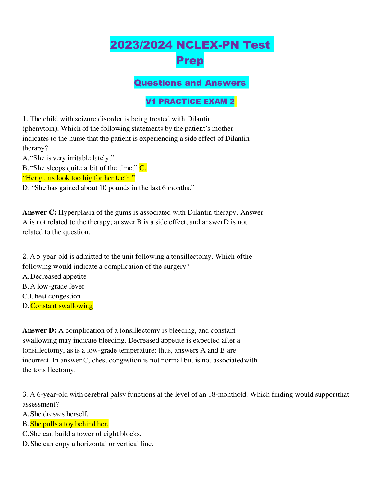 Preview image for 2020/2021 NCLEX-PN V1PRACTICE EXAM 1 Questions and Answers with Explanations