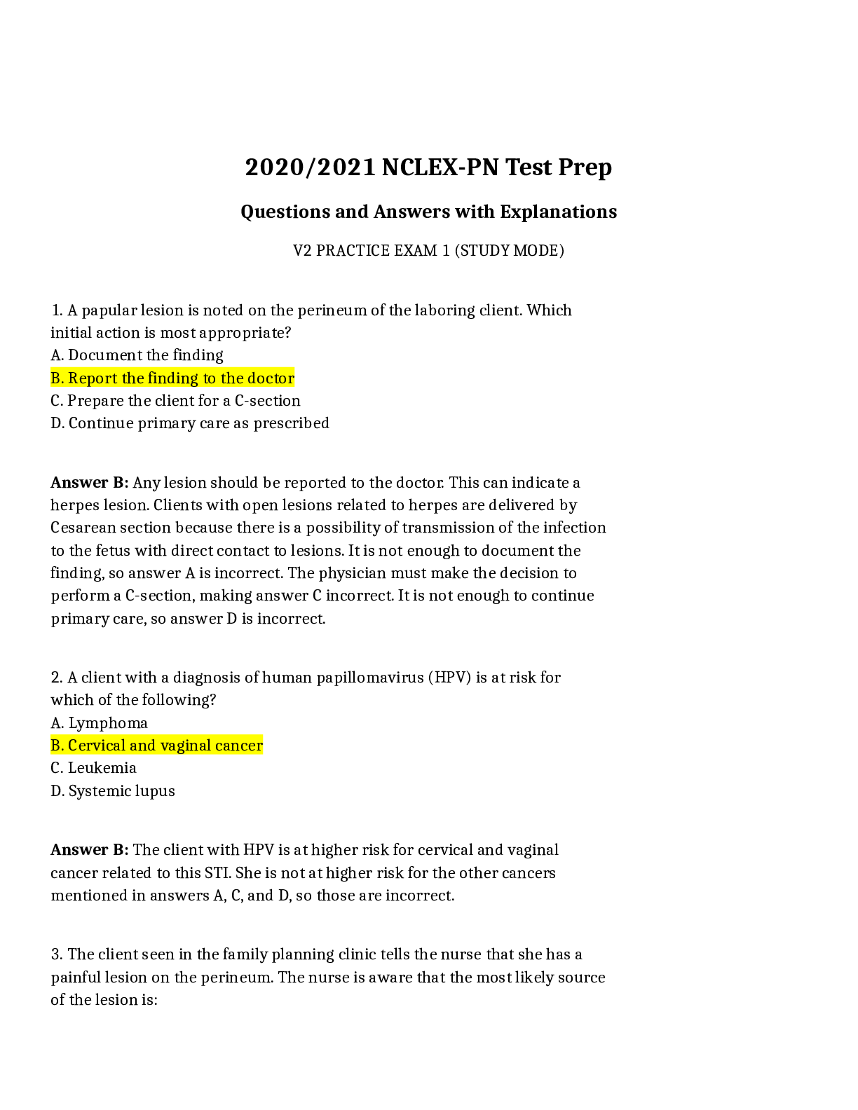 Preview image for 2020/2021 NCLEX-PNV2 PRACTICE EXAM 1   Questions and Answers with Explanations