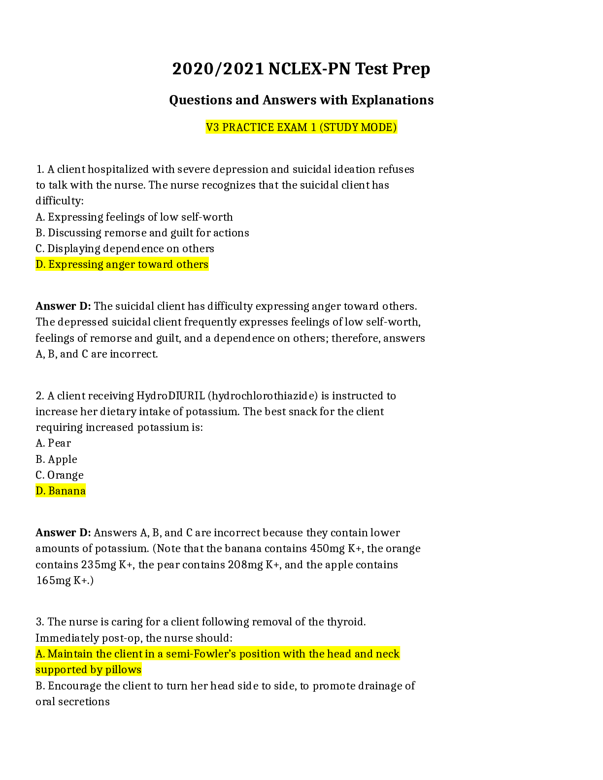 Preview image for 2020/2021 NCLEX-PN V3PRACTICE EXAM 1 Questions and Answers with Explanations