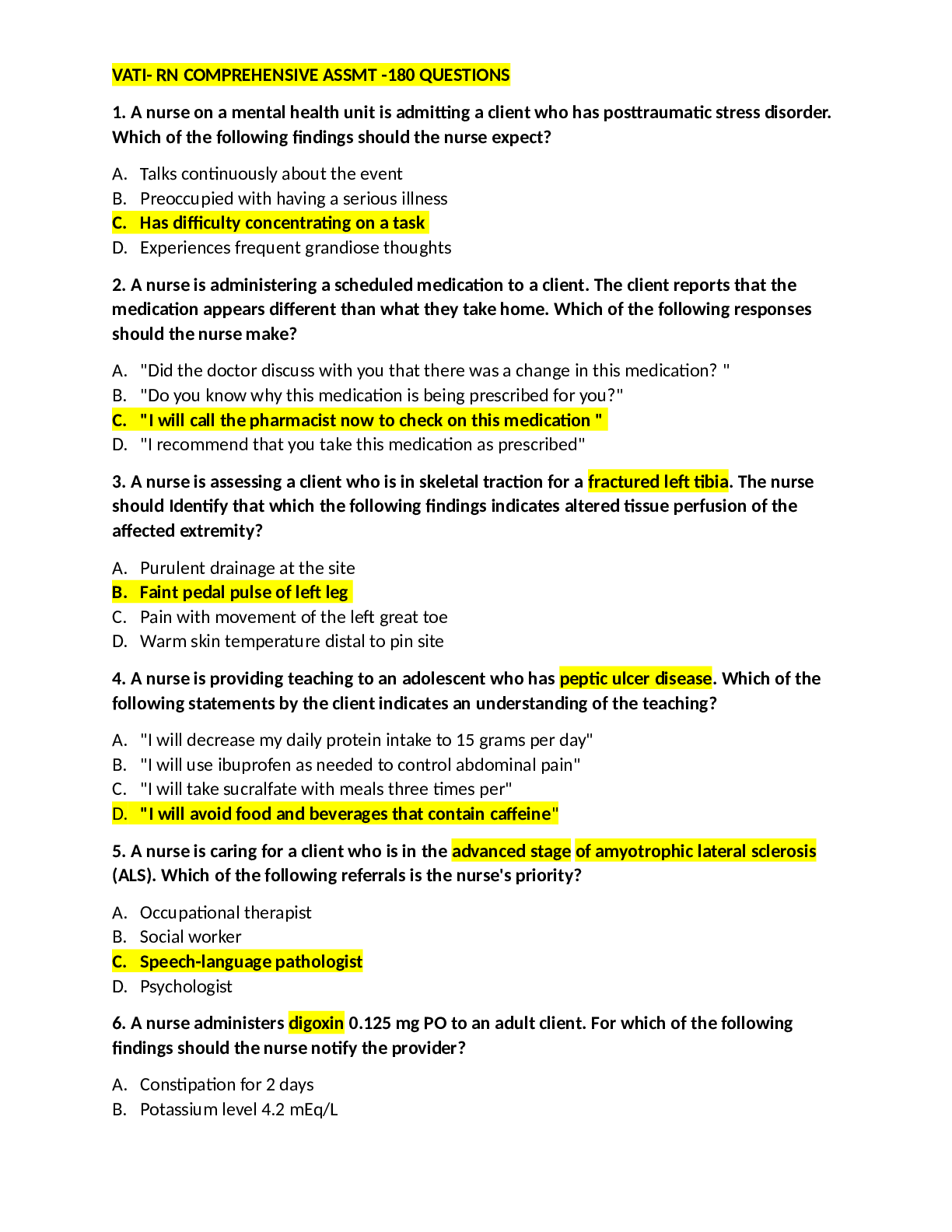 Preview image for VATI-EXIT RN COMPREHENSIVE PREDICTOR -2019 180 QUESTIONS