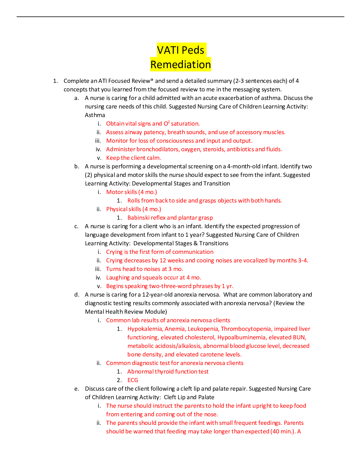 Preview image for VATI Peds Remediation (Download to score an A)
