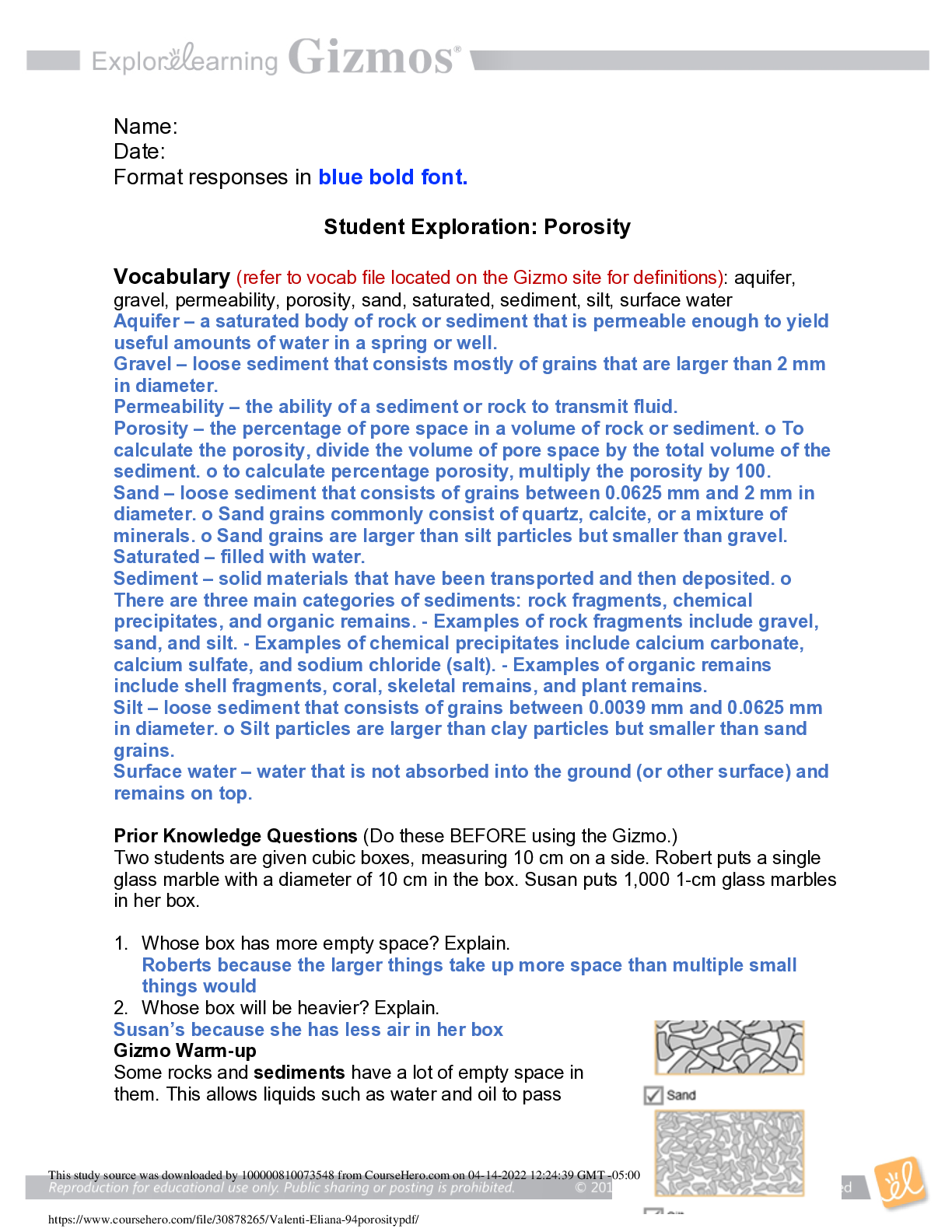 Preview image for SCIENCE Earth. Student Exploration: Porosity. Questions and Answers