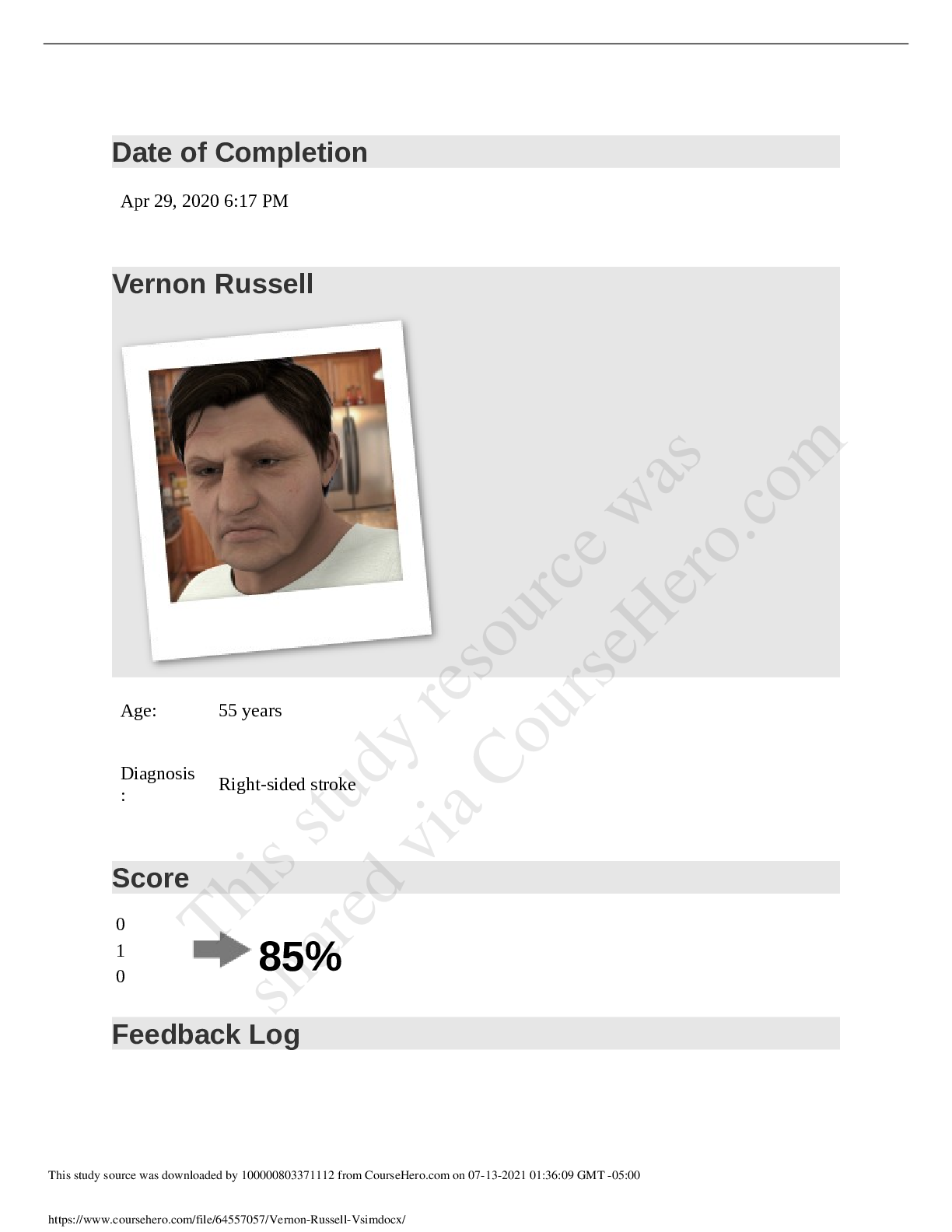 Preview image for Vernon Russell _ VSIM_9_2020 | NURS 3212 VSIM_9 Vernon Russell_Graded A