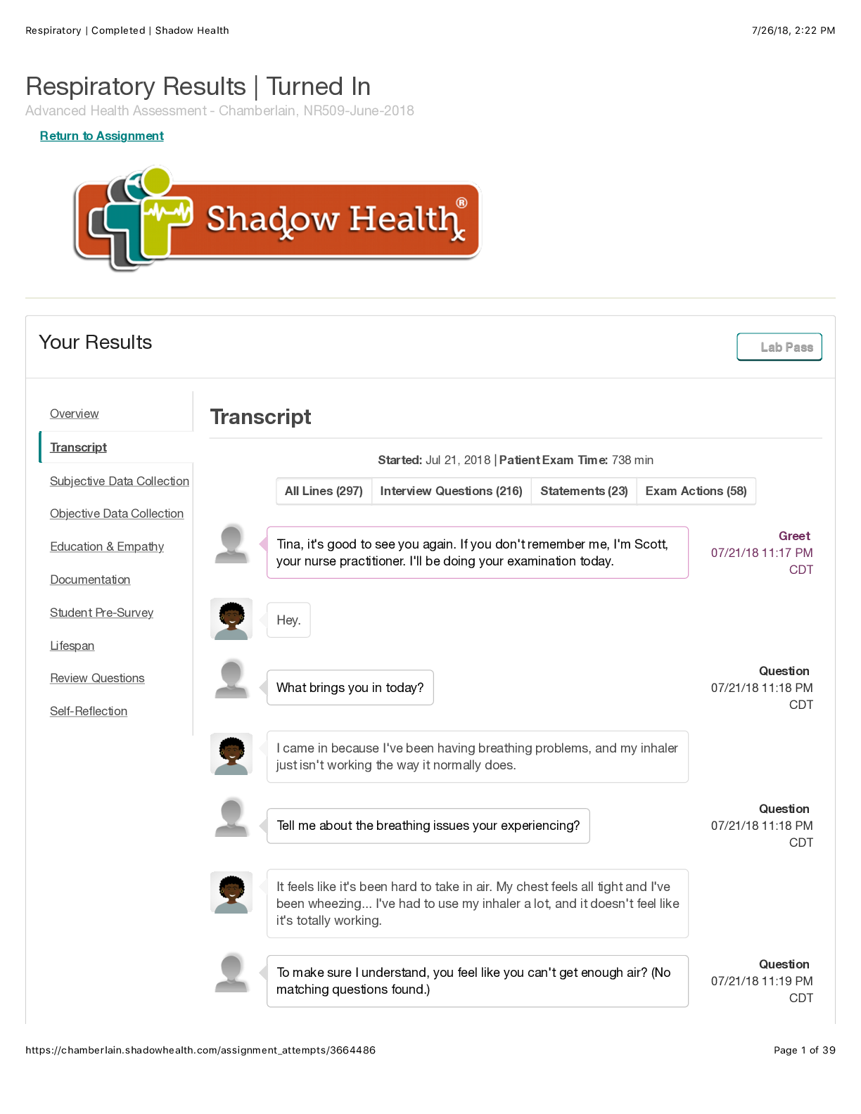 Preview image for Chamberlain College of Nursing - NR 509W2_SH_[Transcript}]-Asthma-Respiratory | Completed. 100%. Complete.