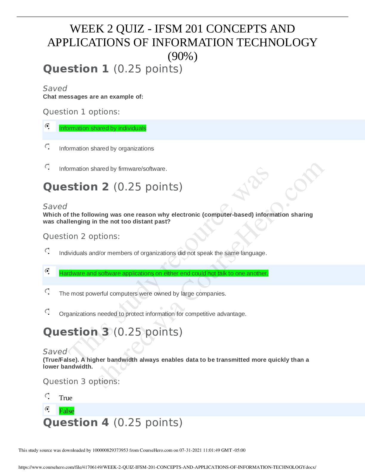Preview image for IFSM 201 WEEK 2 QUIZ - IFSM 201 CONCEPTS AND APPLICATIONS OF INFORMATION TECHNOLOGY (90%)