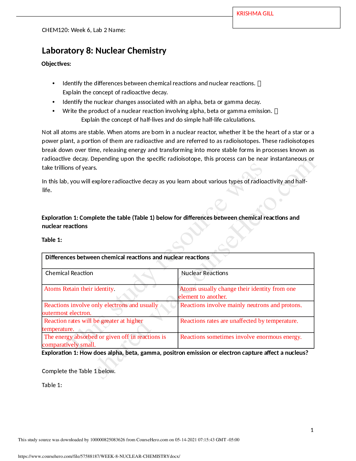 Preview image for CHEM120: Week 6, Lab 2 Name:Laboratory 8: Nuclear Chemistry