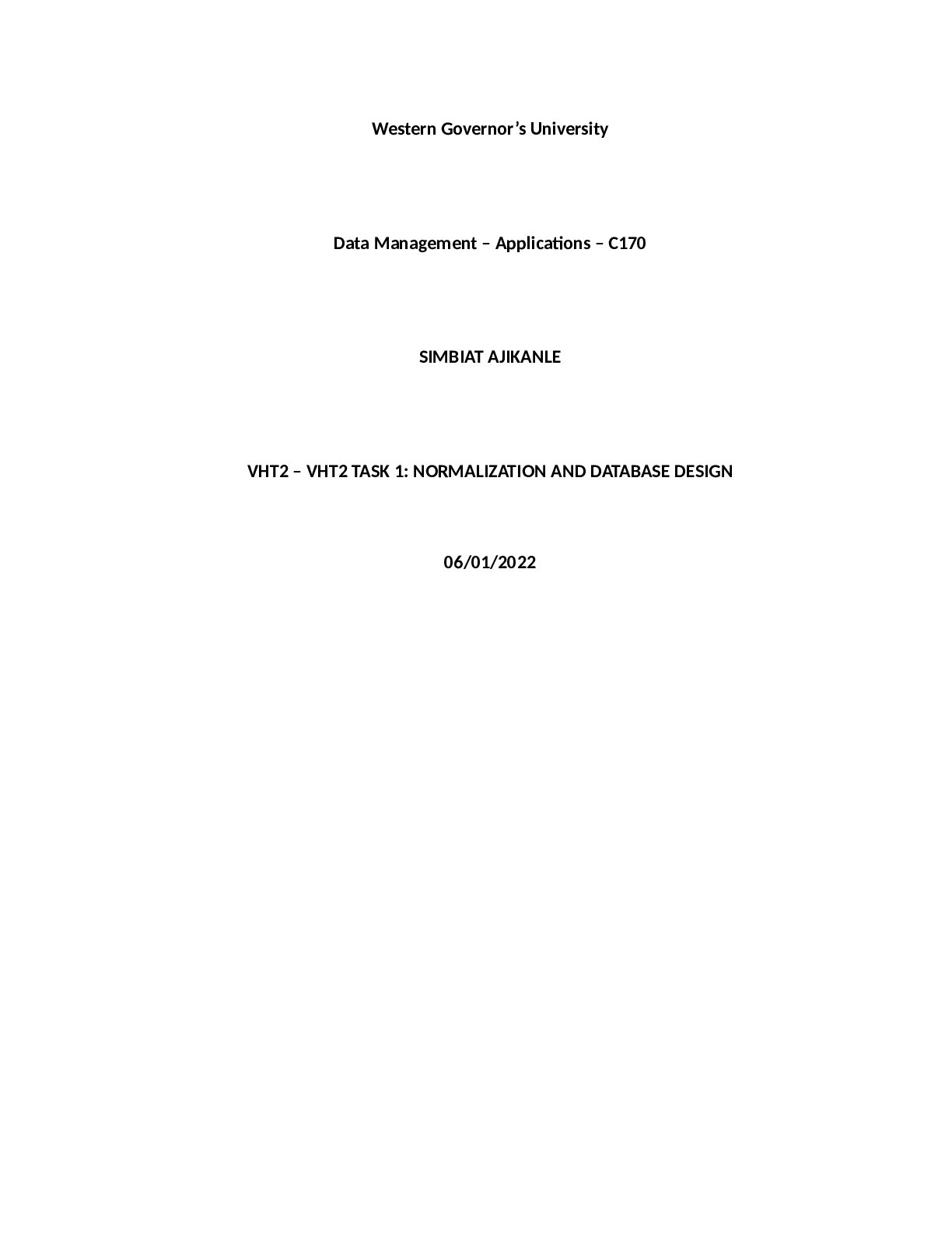 Preview image for 2022 WGU C170 VHT2 TASK 1 NORMALIZATION AND DATABASE DESIGN