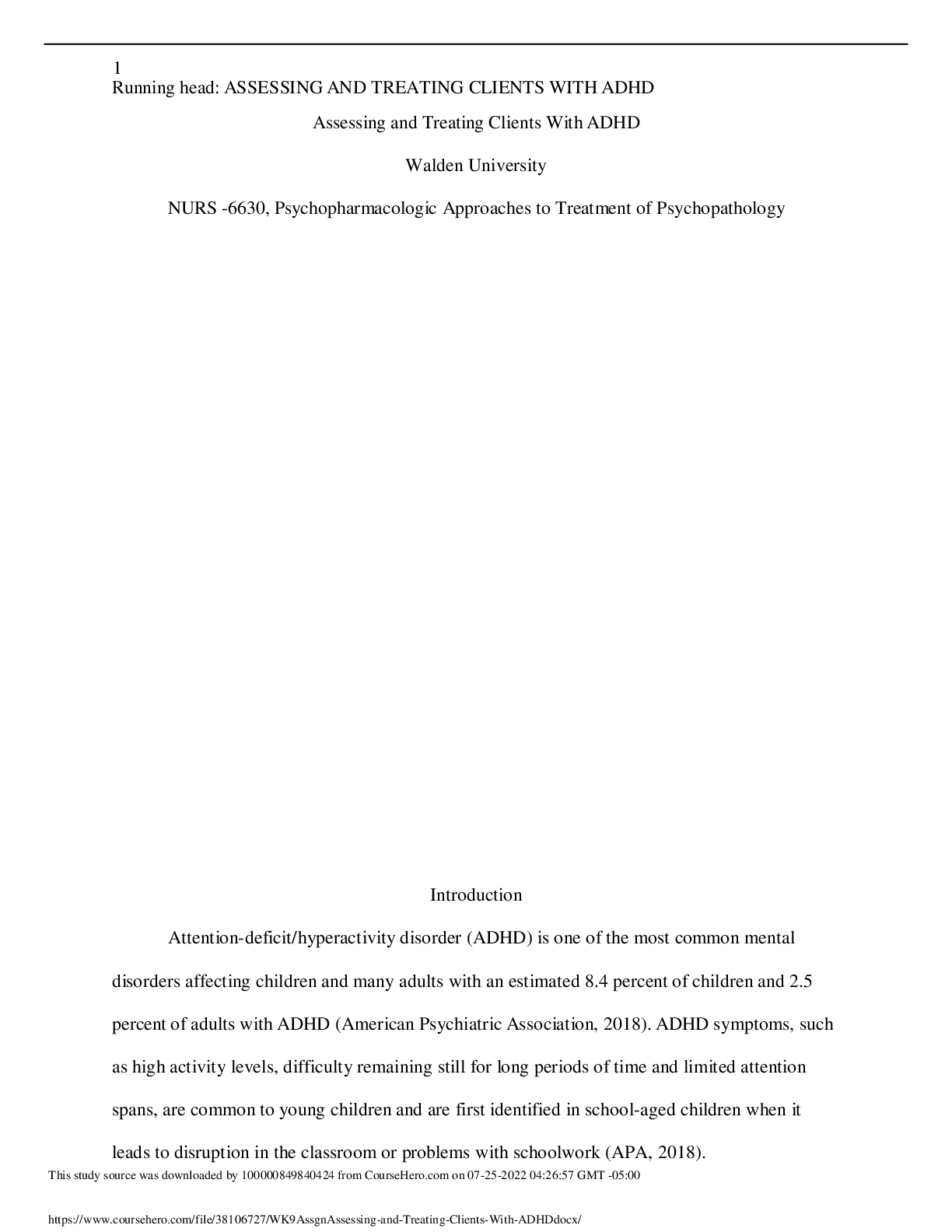 Preview image for (Solution) NURS 6630 Week 9 Assessing and Treating Clients With Attention Deficit Hyperactivity Disorder – Young Girl With ADHD/ Katie is an 8 year old Caucasian female.
